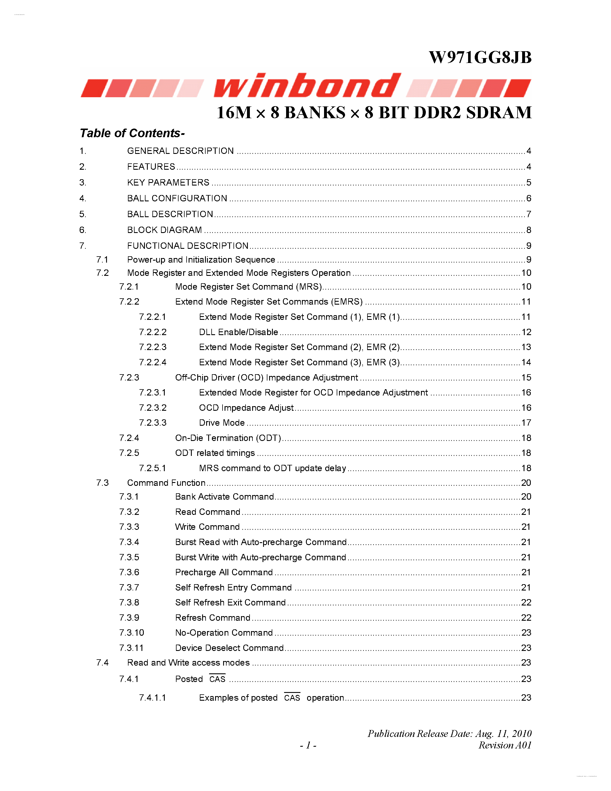 Datasheet W971GG8JB - 16M X 8 BANKS X 8 BIT DDR2 SDRAM page 1