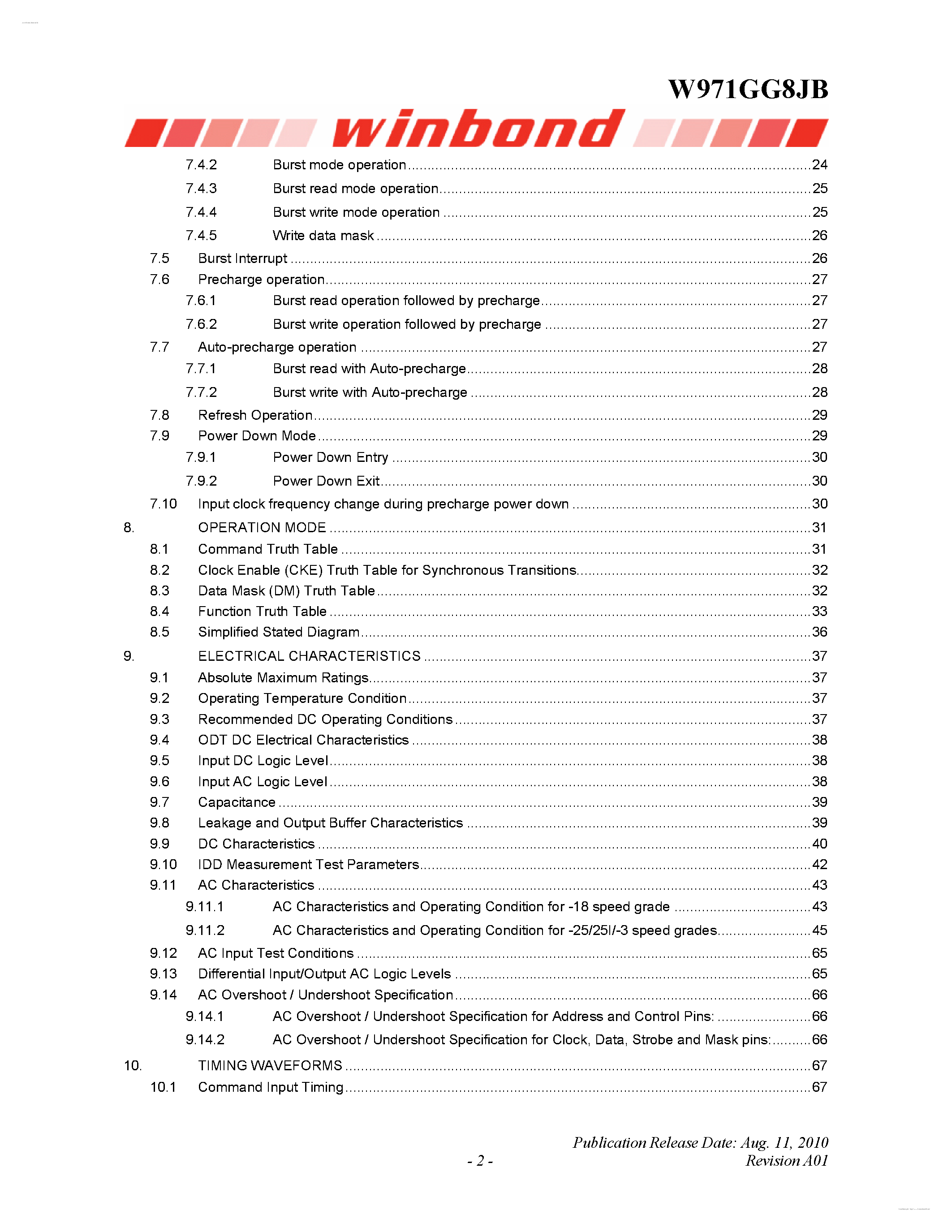 Datasheet W971GG8JB - 16M X 8 BANKS X 8 BIT DDR2 SDRAM page 2