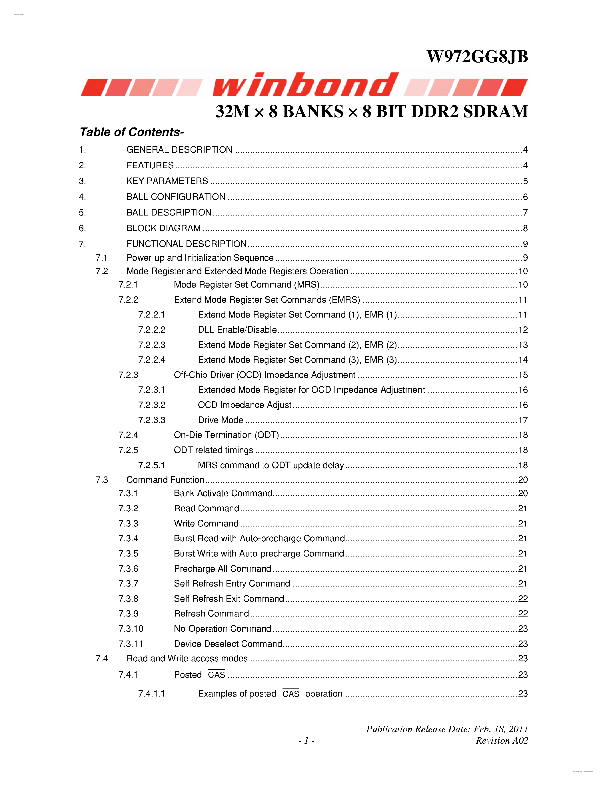 Datasheet W972GG8JB - 32M X 8 BANKS X 8 BIT DDR2 SDRAM page 1