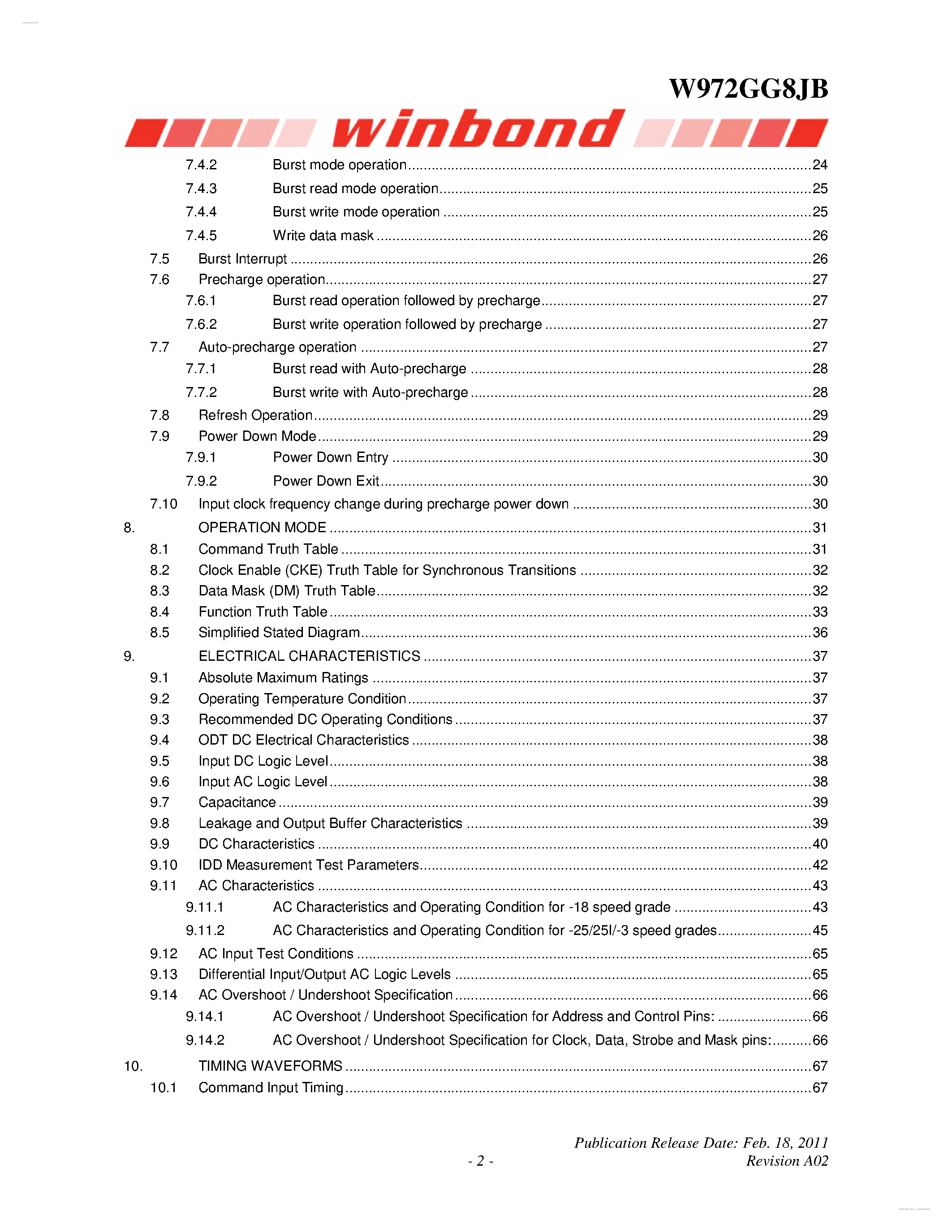 Datasheet W972GG8JB - 32M X 8 BANKS X 8 BIT DDR2 SDRAM page 2