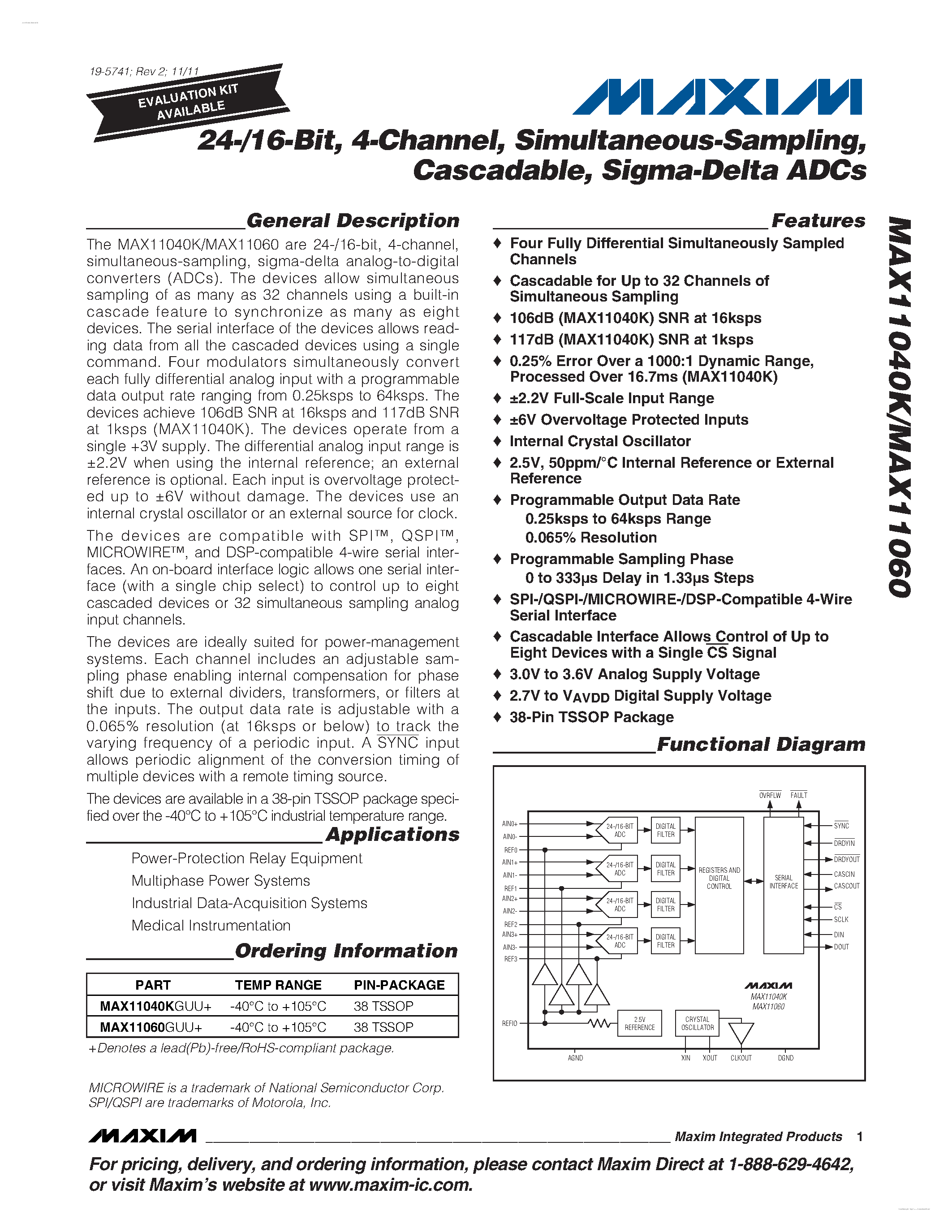 Datasheet MAX11040K page 1 Datasheet MAX11040K - (MAX11040K / MAX11060) Sigma-Delta ADCs page 1