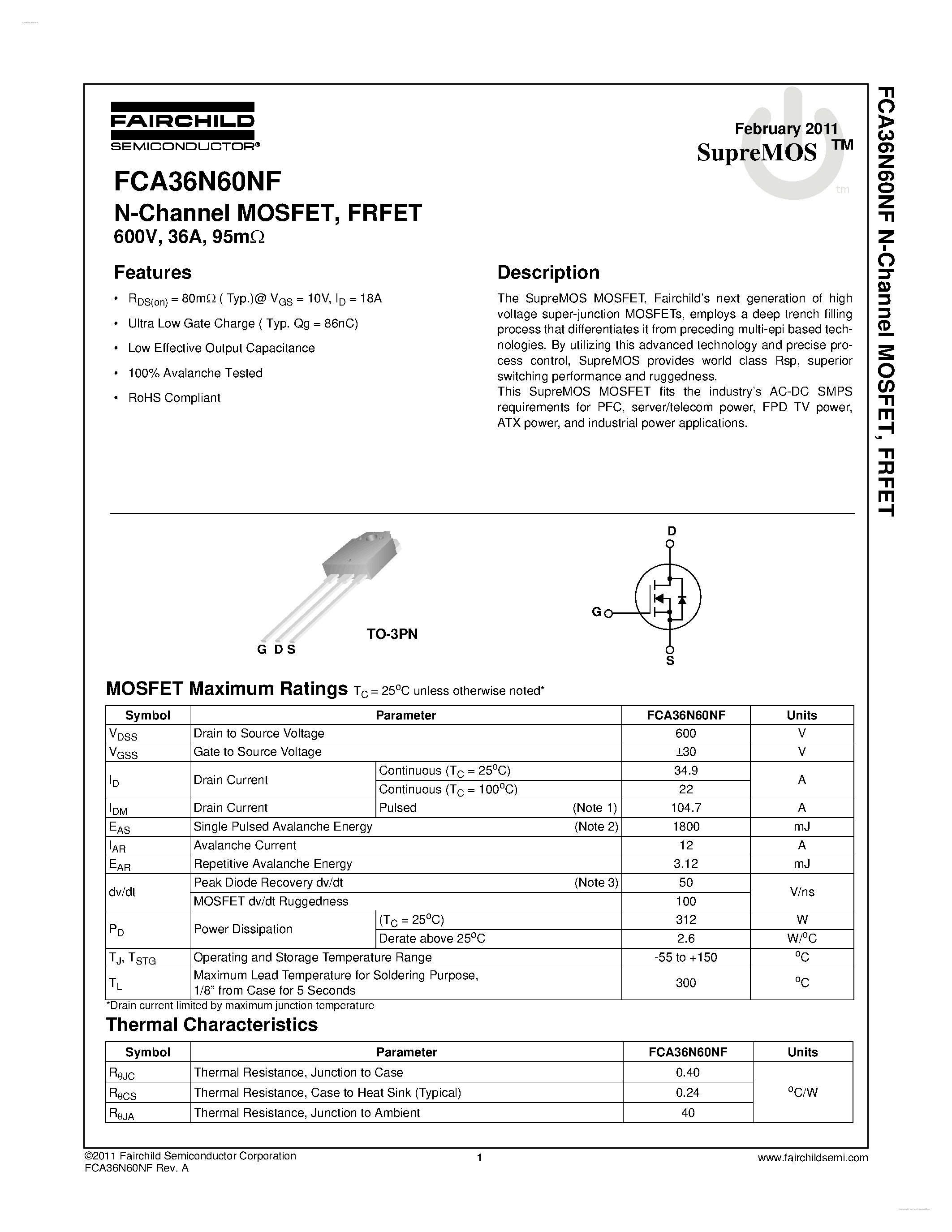 Datasheet FCA36N60NF - N-Channel MOSFET page 1