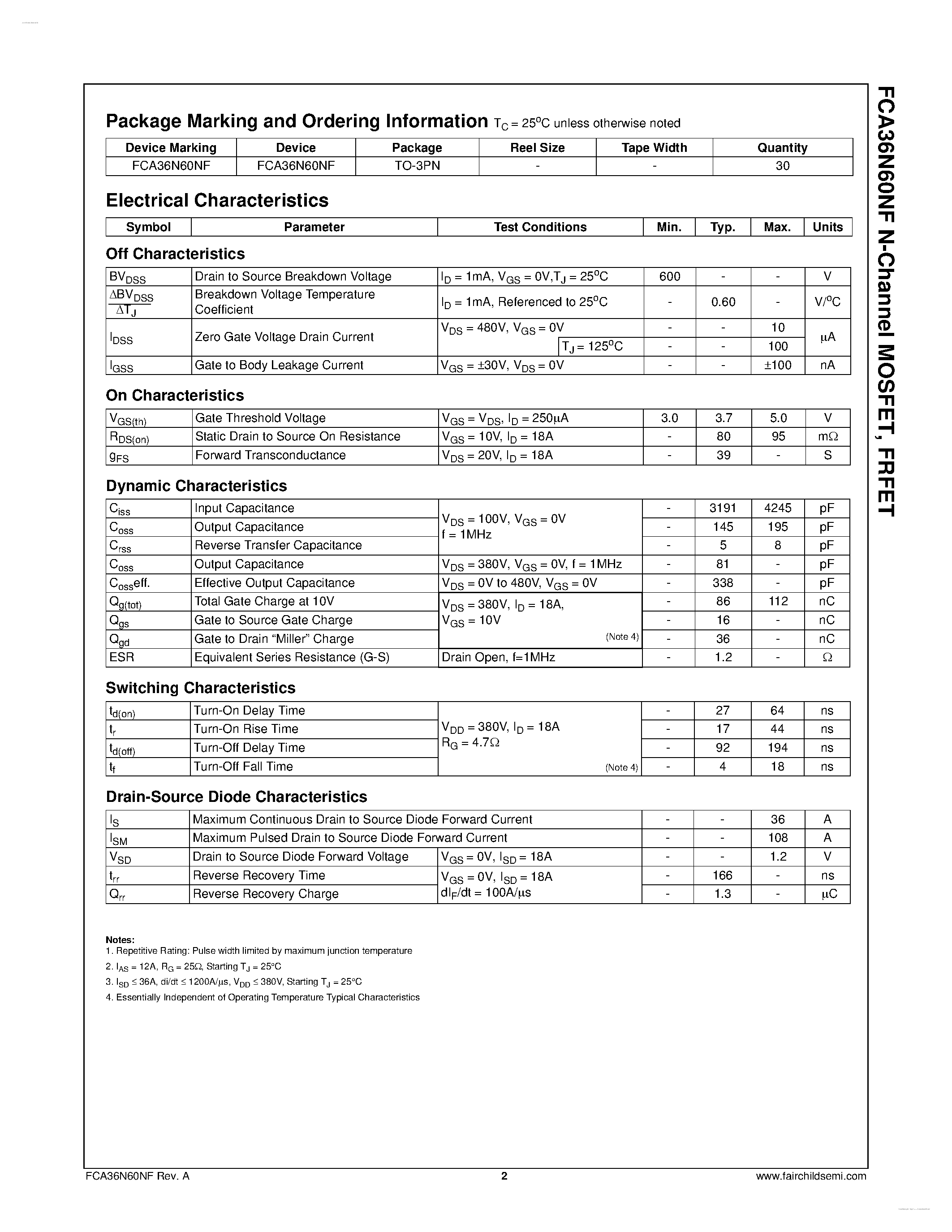 Datasheet FCA36N60NF - N-Channel MOSFET page 2