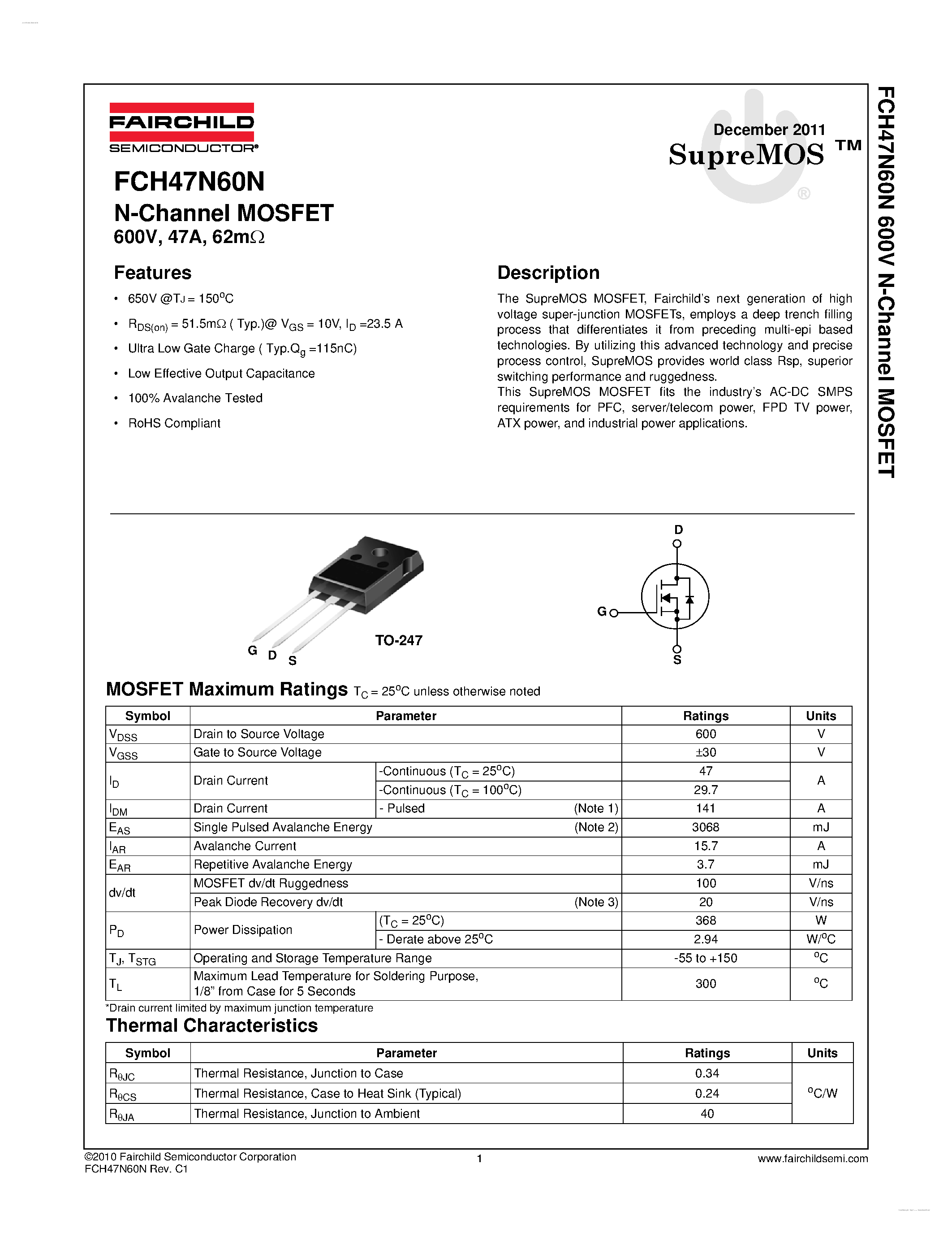 Datasheet FCH47N60N - N-Channel MOSFET page 1