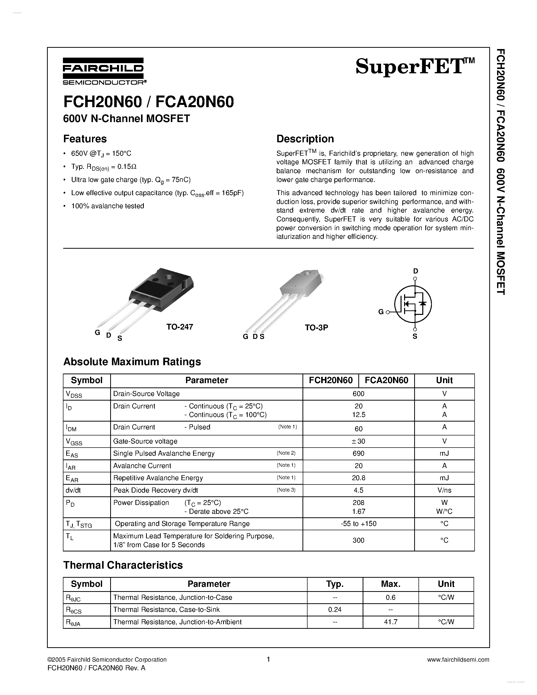 Datasheet FCA20N60 - N-Channel MOSFET page 1