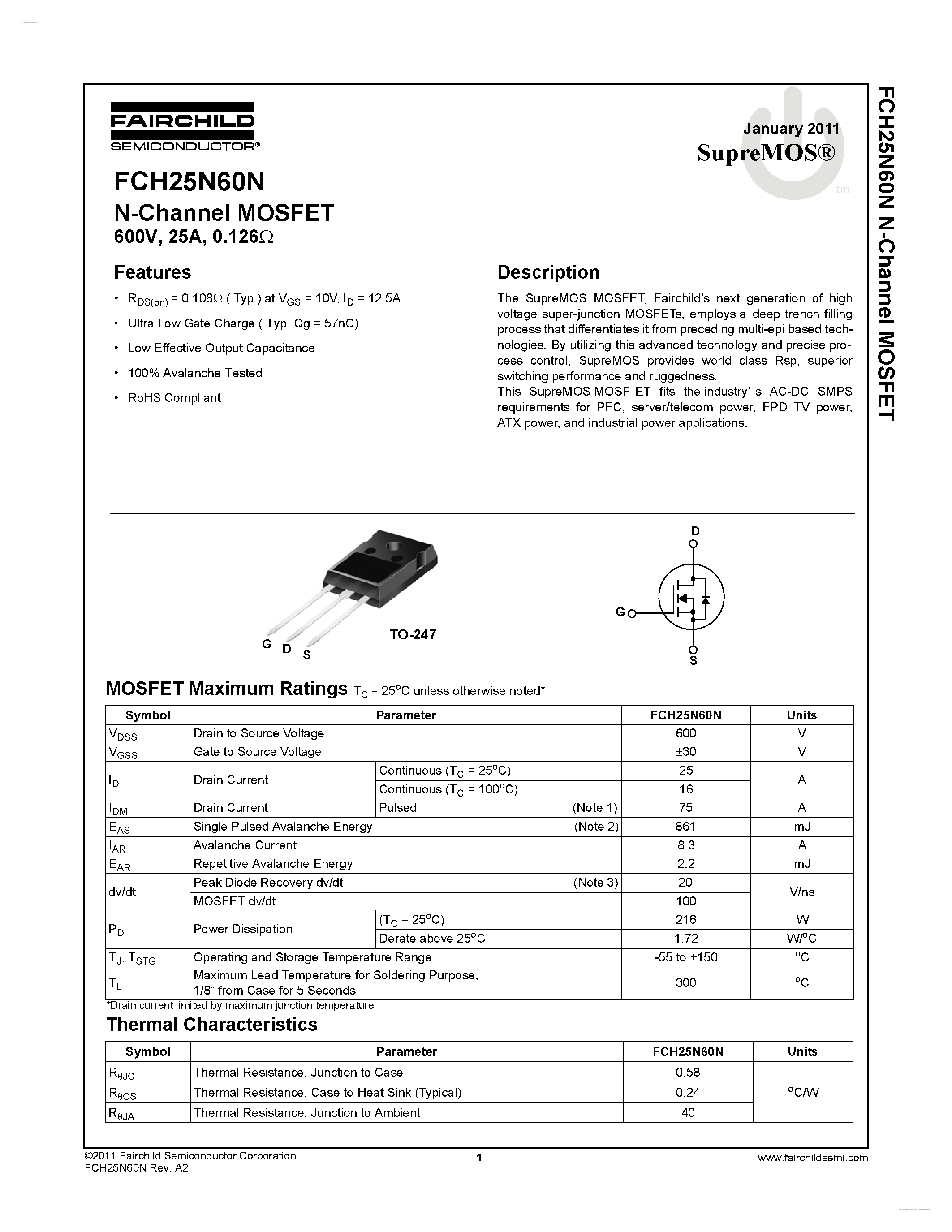 Datasheet FCH25N60N - N-Channel MOSFET page 1