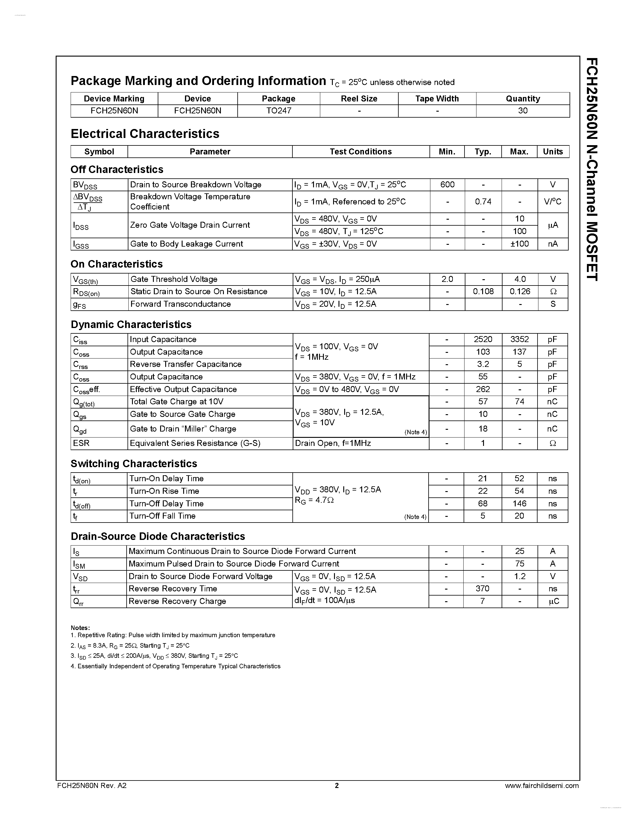 Datasheet FCH25N60N - N-Channel MOSFET page 2