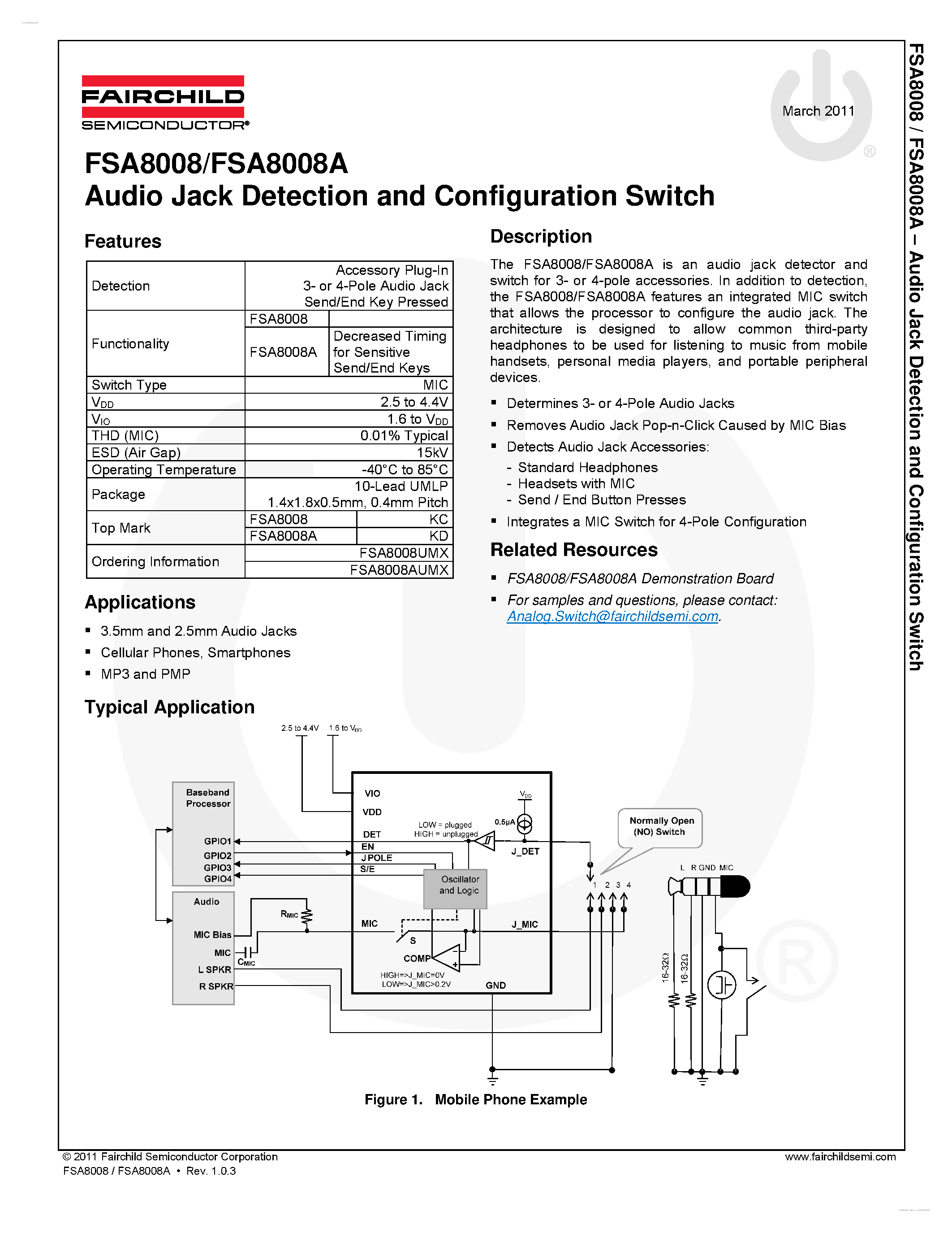 Даташит на микросхему FSA8008 страница 1 Даташит FSA8008 - Audio Jack Detection and Configuration Switch страница 1