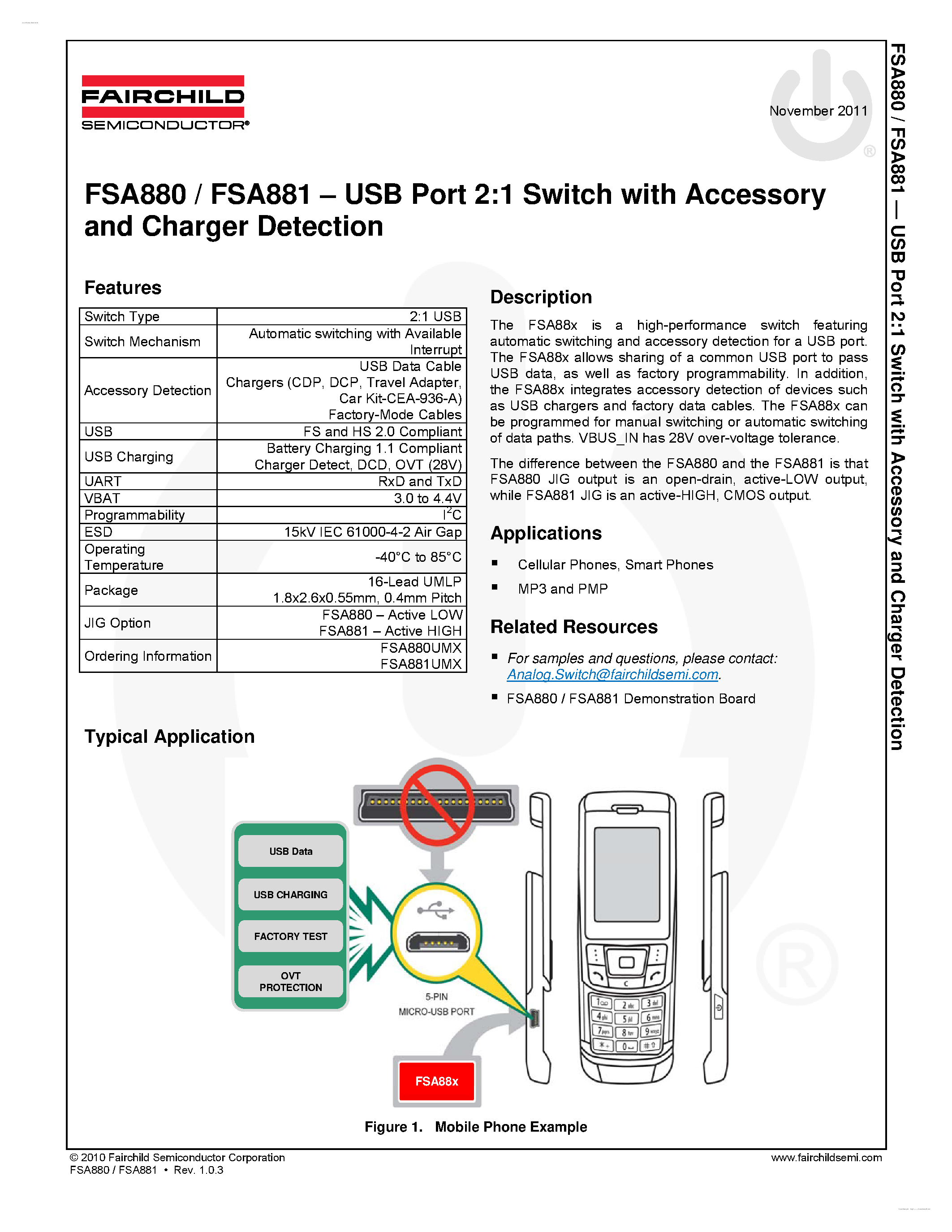 Даташит на микросхему FSA880 страница 1 Даташит FSA880 - (FSA880 / FSA881) USB Port 2:1 Switch страница 1