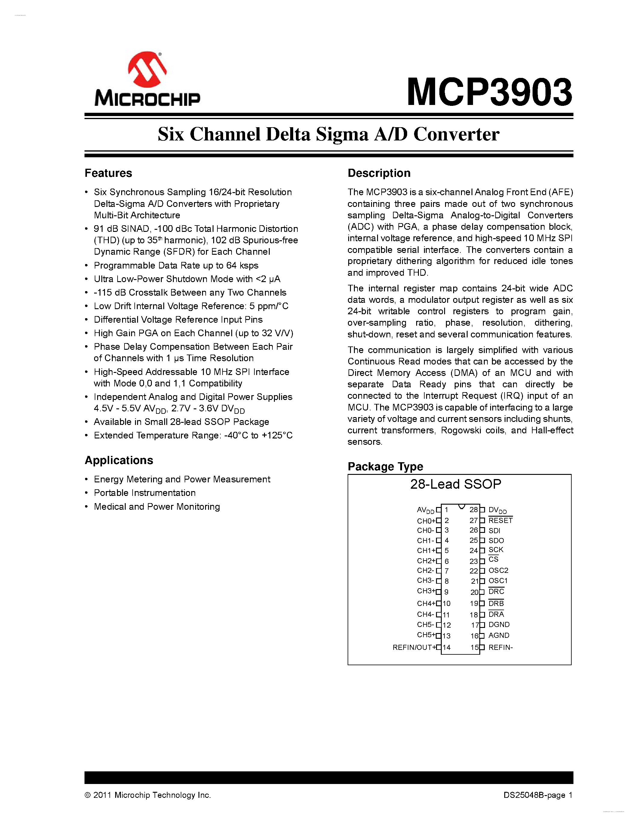 Даташит MCP3903 - Six Channel Delta Sigma A/D Converter страница 1