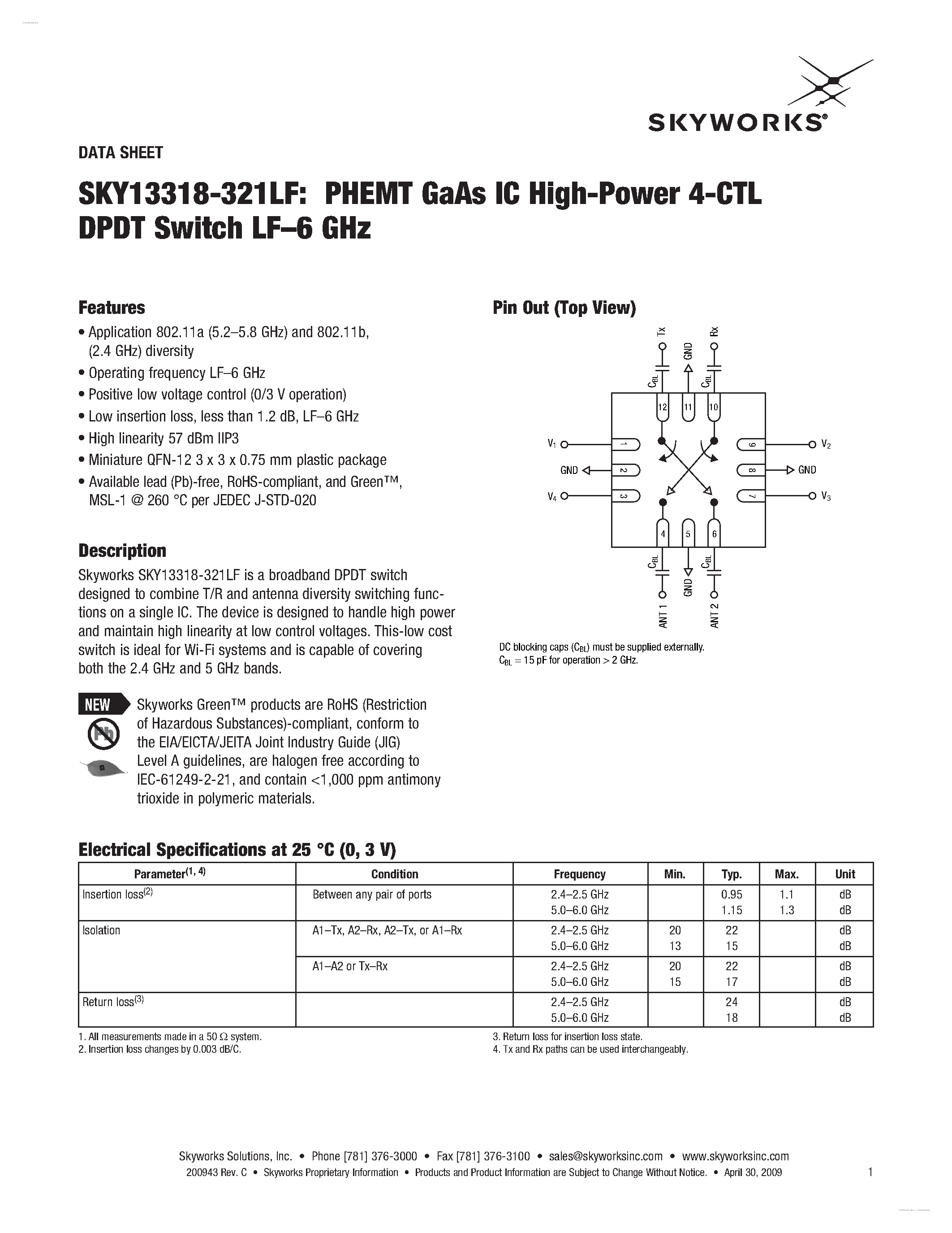 Datasheet SKY13318-321LF - PHEMT GaAs IC High-Power 4-CTL SPDT Switch page 1