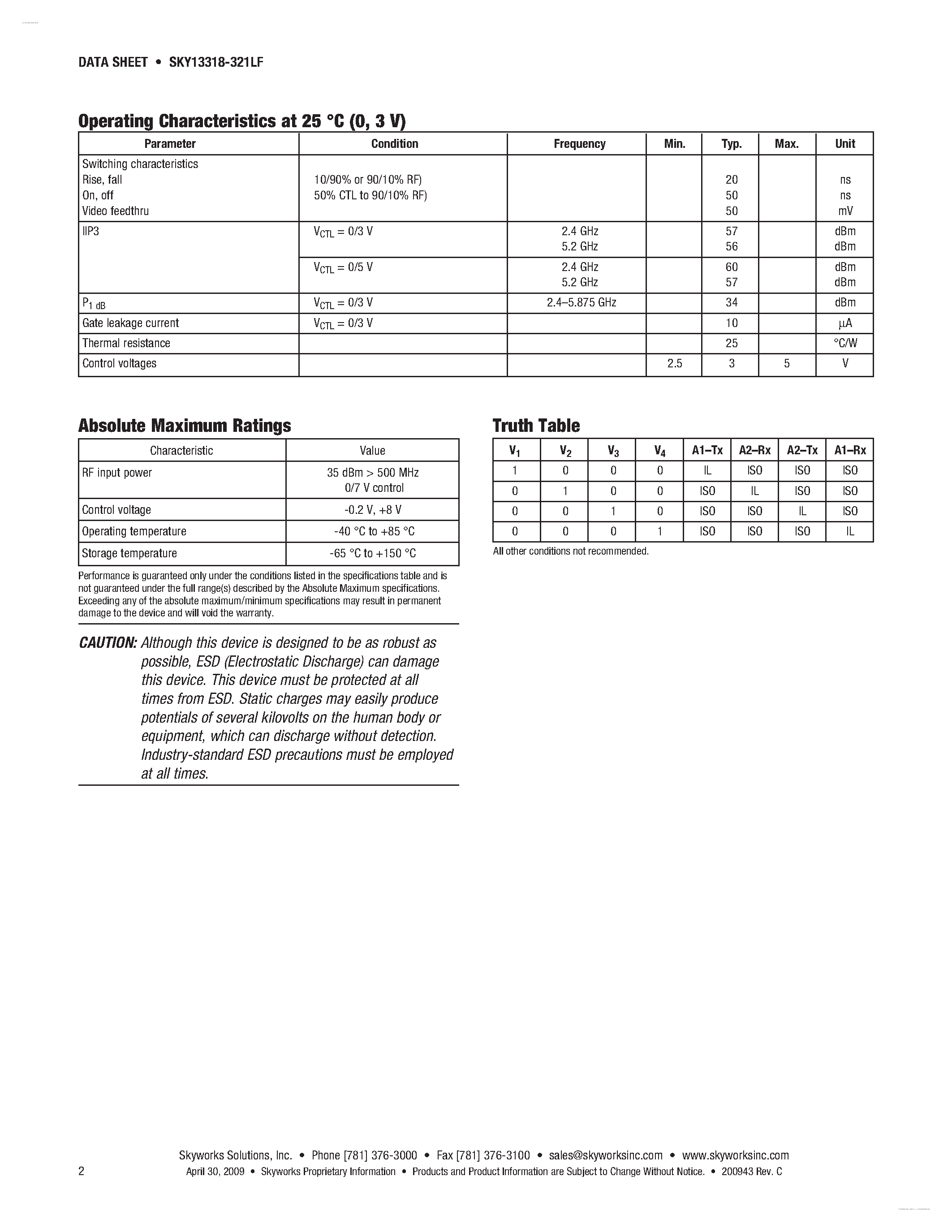 Datasheet SKY13318-321LF - PHEMT GaAs IC High-Power 4-CTL SPDT Switch page 2