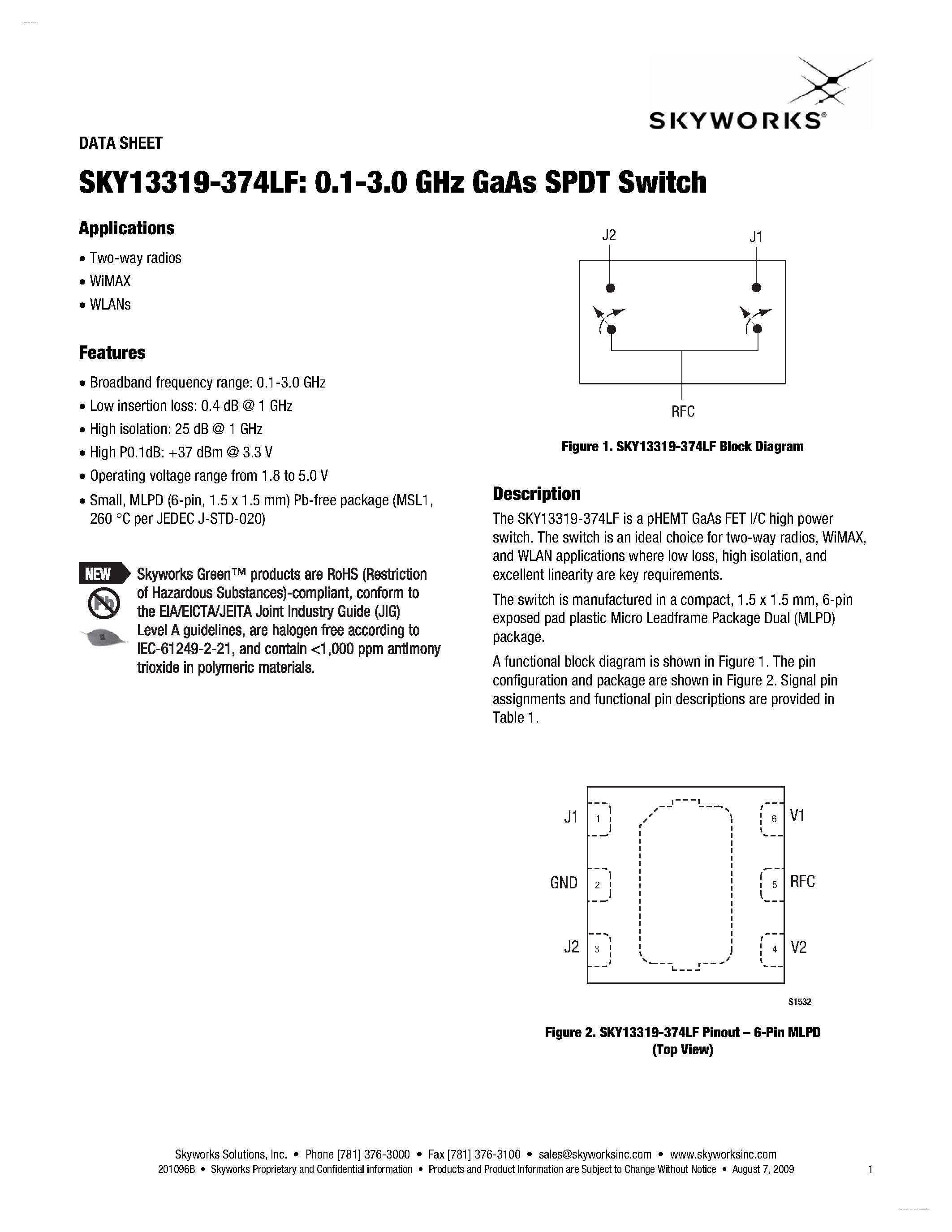 Datasheet SKY13319-374LF page 1 Datasheet SKY13319-374LF - SPDT Switch page 1
