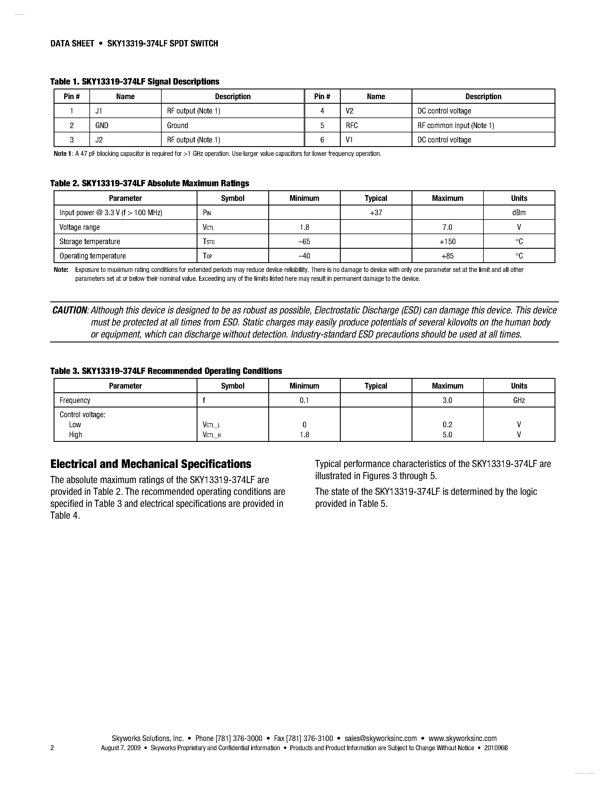 Datasheet SKY13319-374LF page 2 Datasheet SKY13319-374LF - SPDT Switch page 2
