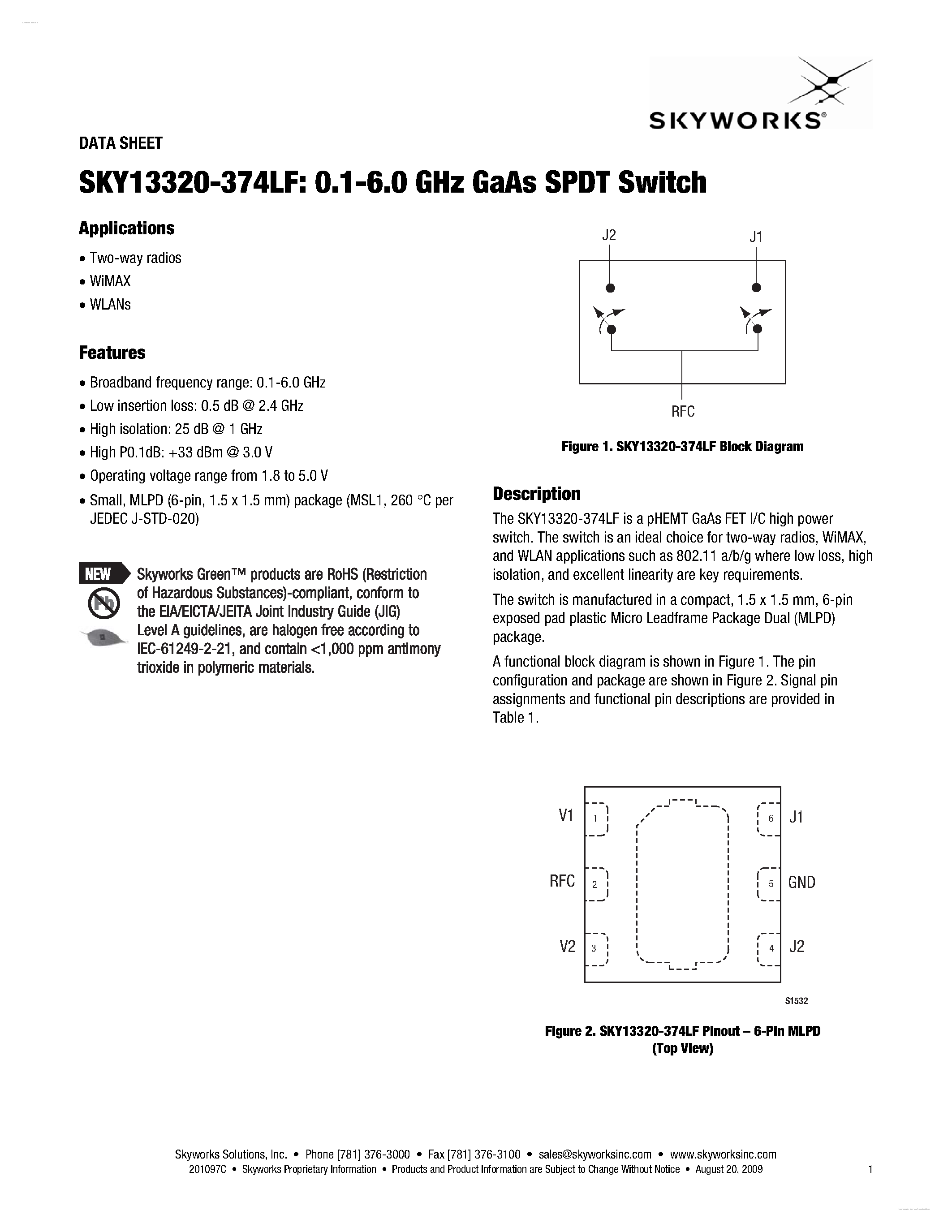 Datasheet SKY13320-374LF page 1 Datasheet SKY13320-374LF - GaAs SPDT Switch page 1