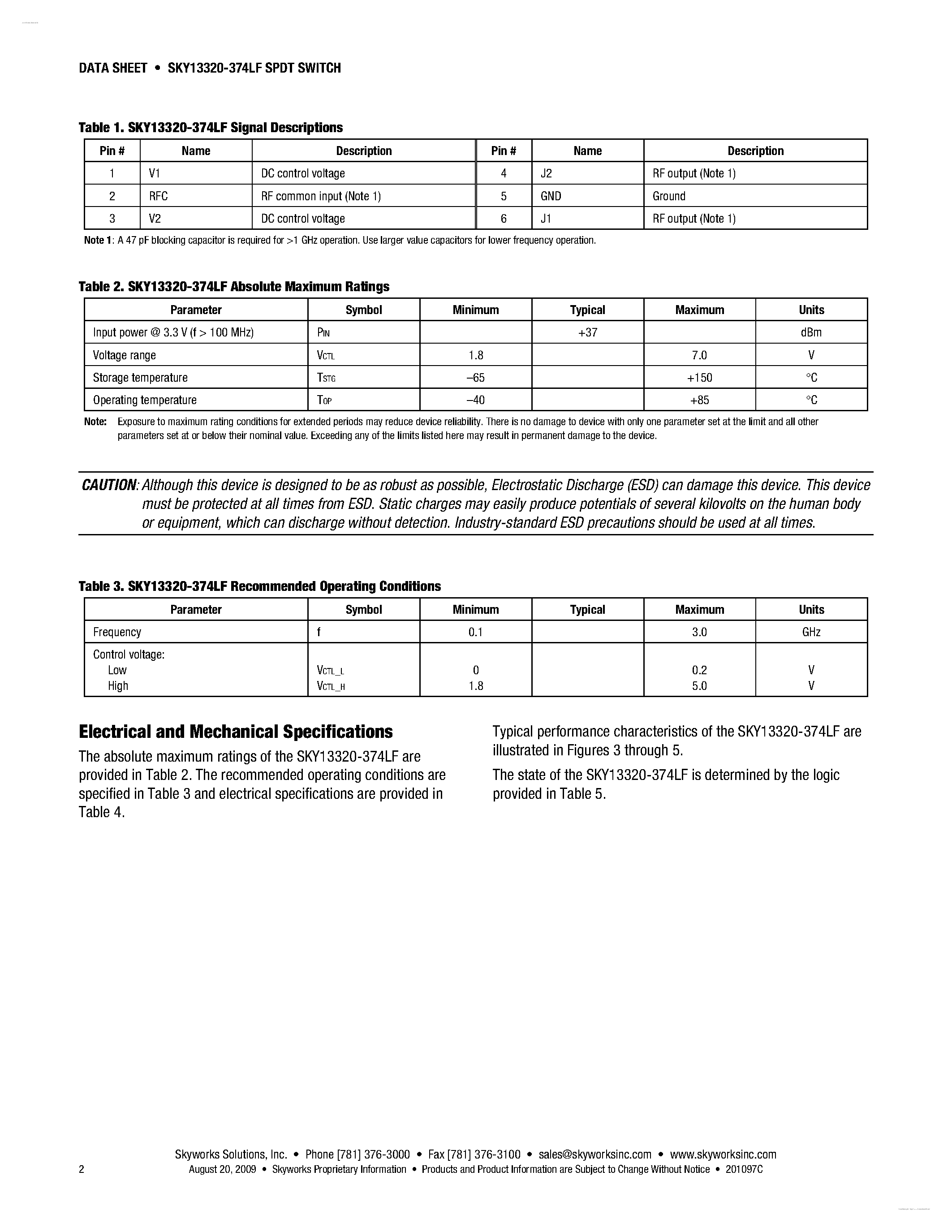 Datasheet SKY13320-374LF page 2 Datasheet SKY13320-374LF - GaAs SPDT Switch page 2