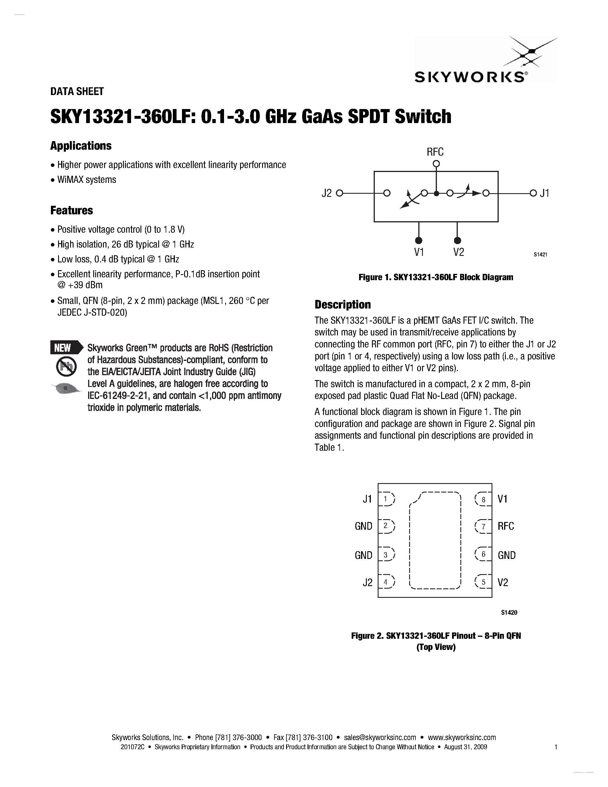 Datasheet SKY13321-360LF page 1 Datasheet SKY13321-360LF - GaAs SPDT Switch page 1