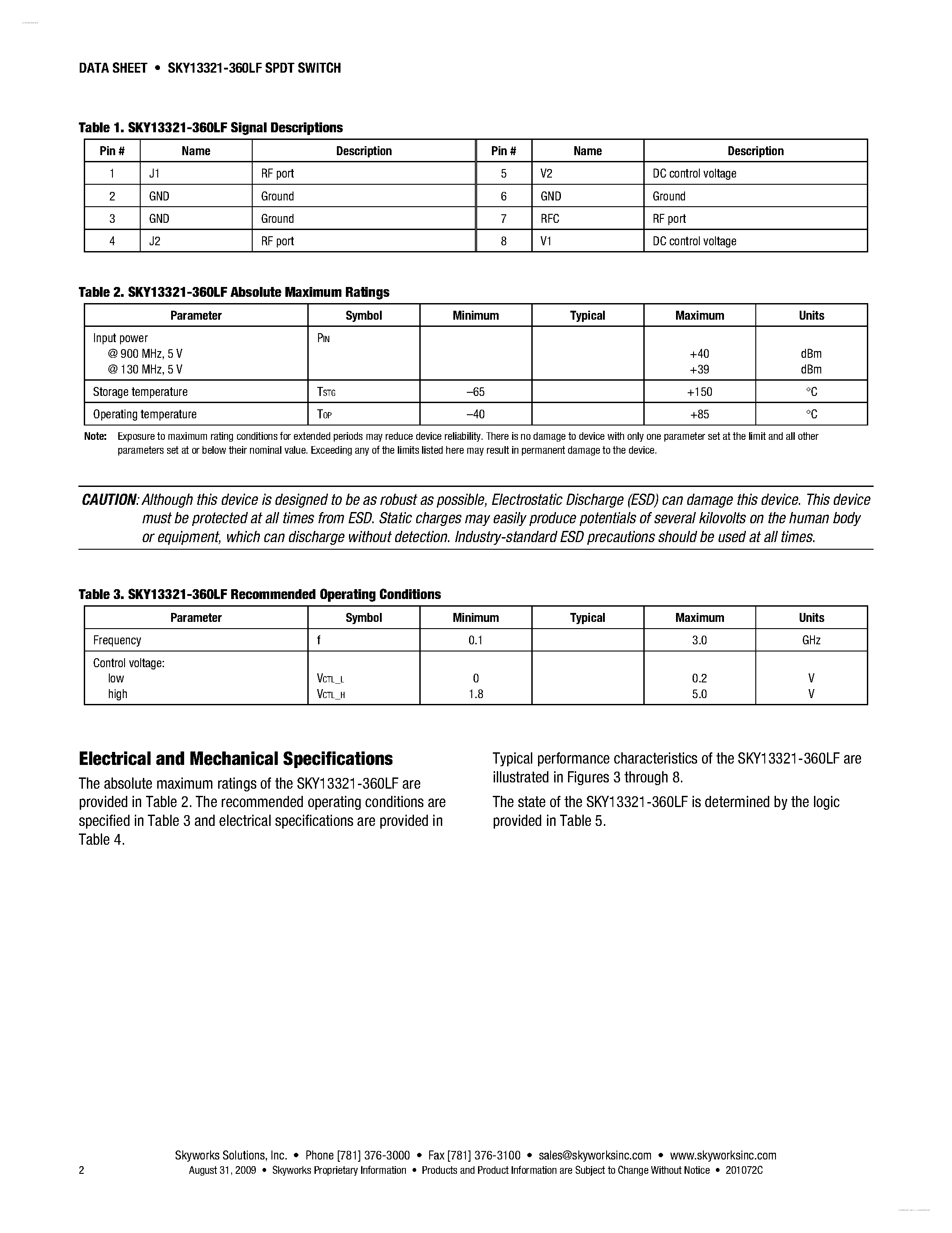 Datasheet SKY13321-360LF page 2 Datasheet SKY13321-360LF - GaAs SPDT Switch page 2