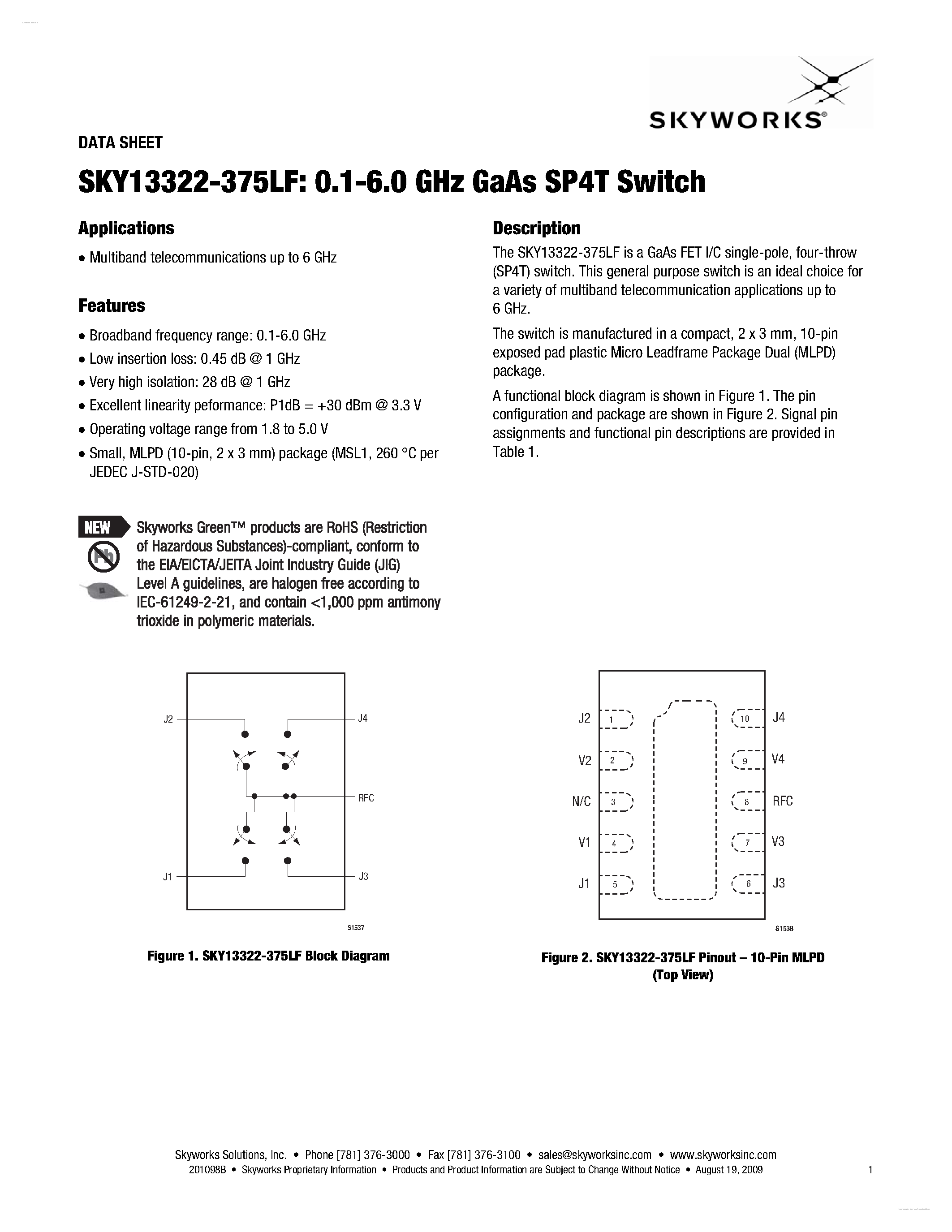 Datasheet SKY13322-375LF page 1 Datasheet SKY13322-375LF - GaAs SP4T Switch page 1
