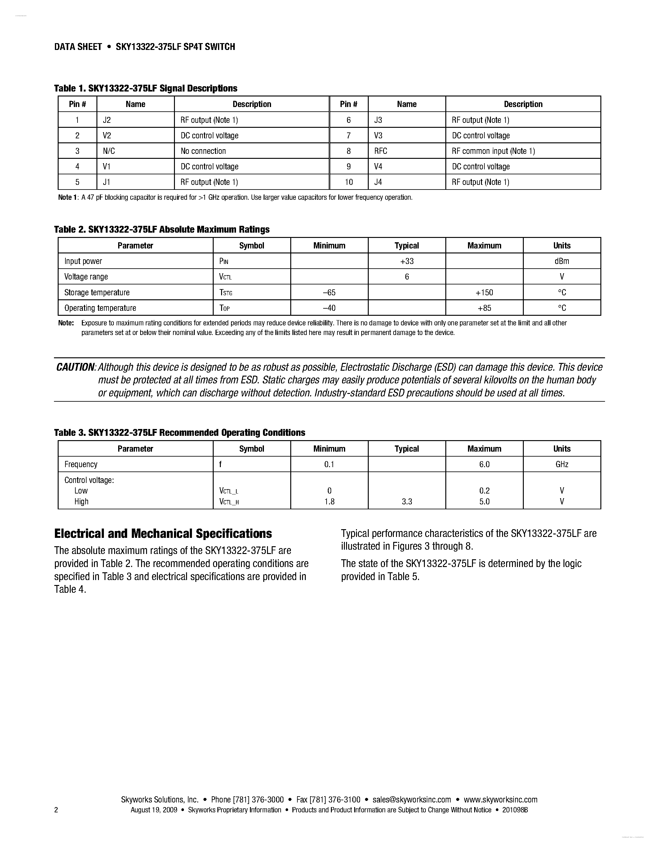 Datasheet SKY13322-375LF page 2 Datasheet SKY13322-375LF - GaAs SP4T Switch page 2