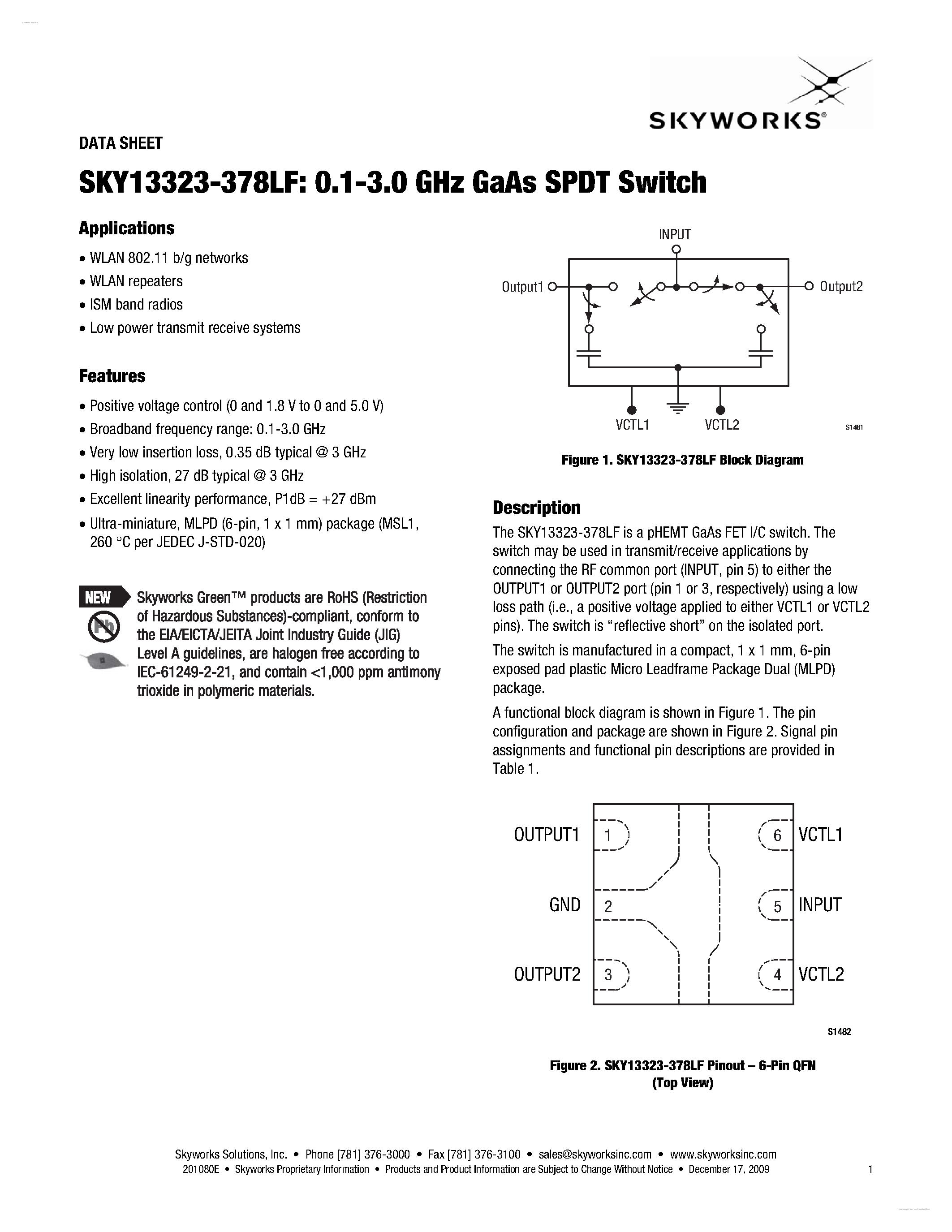 Datasheet SKY13323-378LF - GaAs SPDT Switch page 1