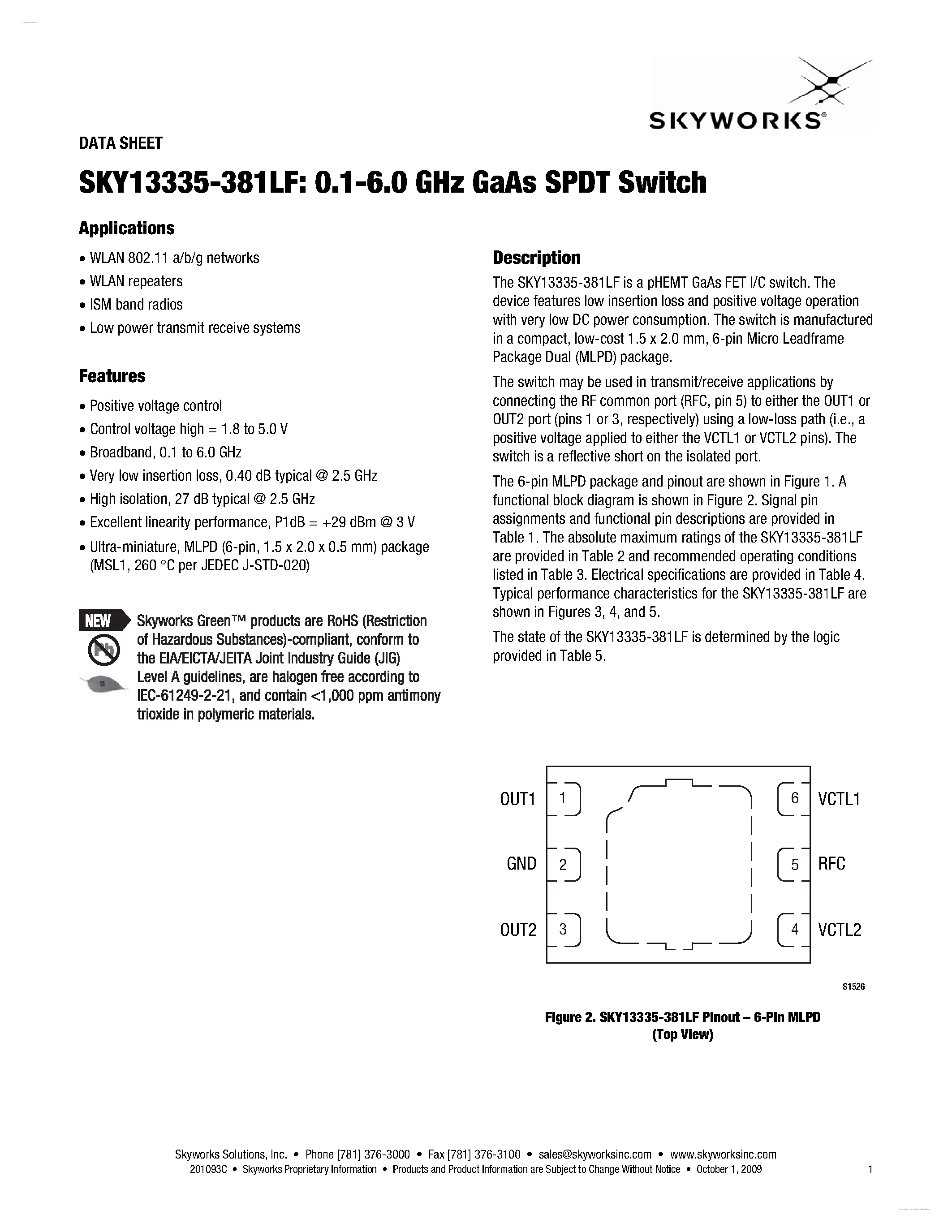 Datasheet SKY13335-381LF page 1 Datasheet SKY13335-381LF - GaAs SPDT Switch page 1