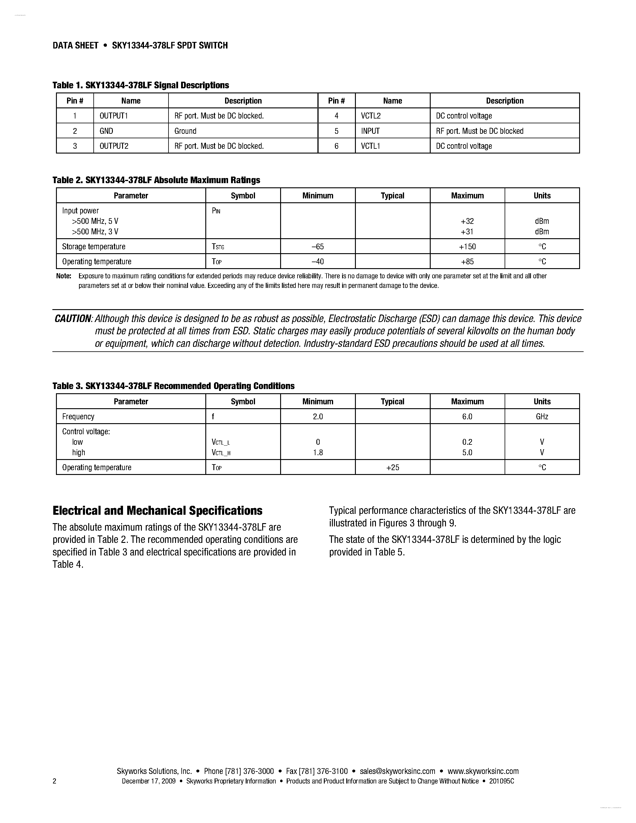 Datasheet SKY13344-378LF page 2 Datasheet SKY13344-378LF - GaAs SPDT Switch page 2