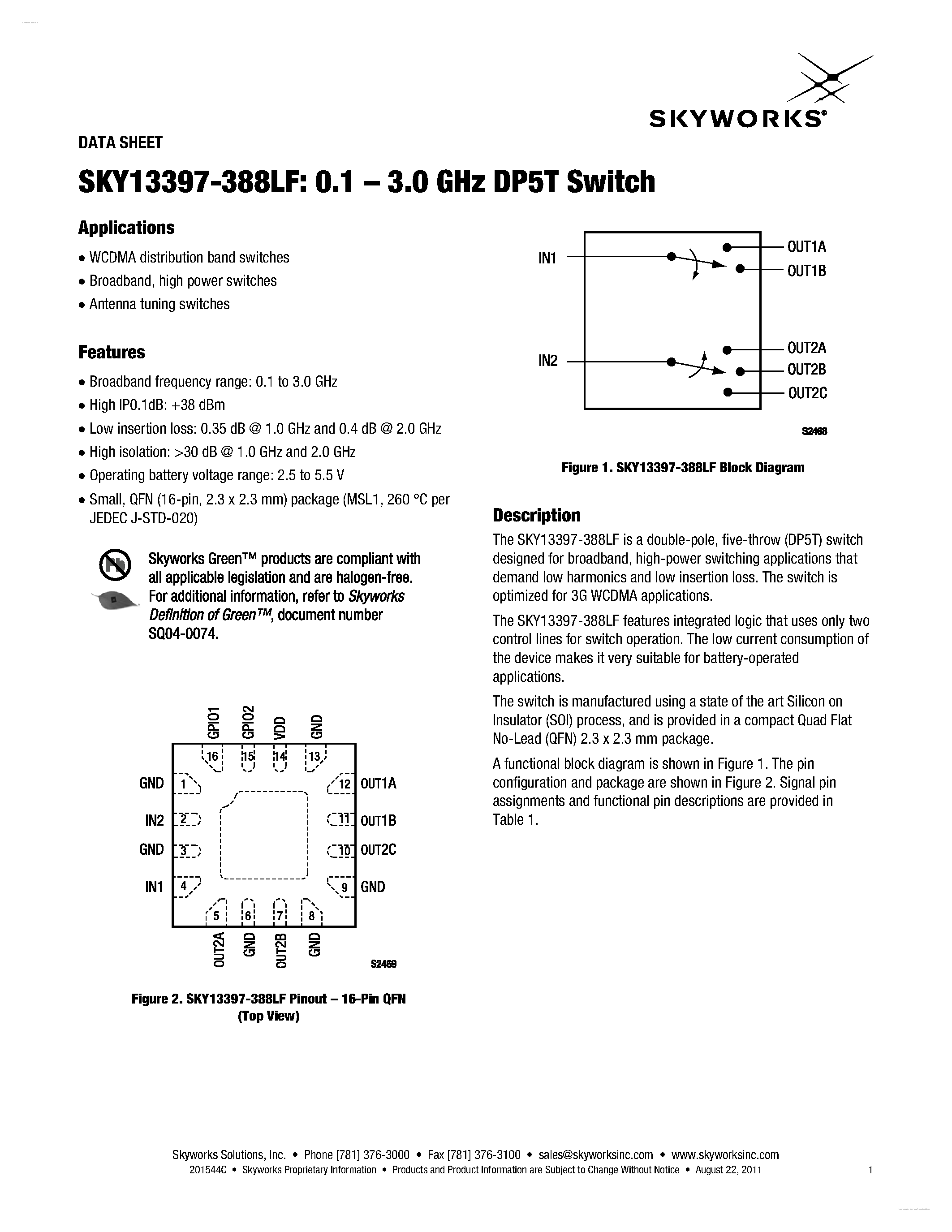 Datasheet SKY13397-388LF page 1 Datasheet SKY13397-388LF - GaAs SP5T Switch page 1