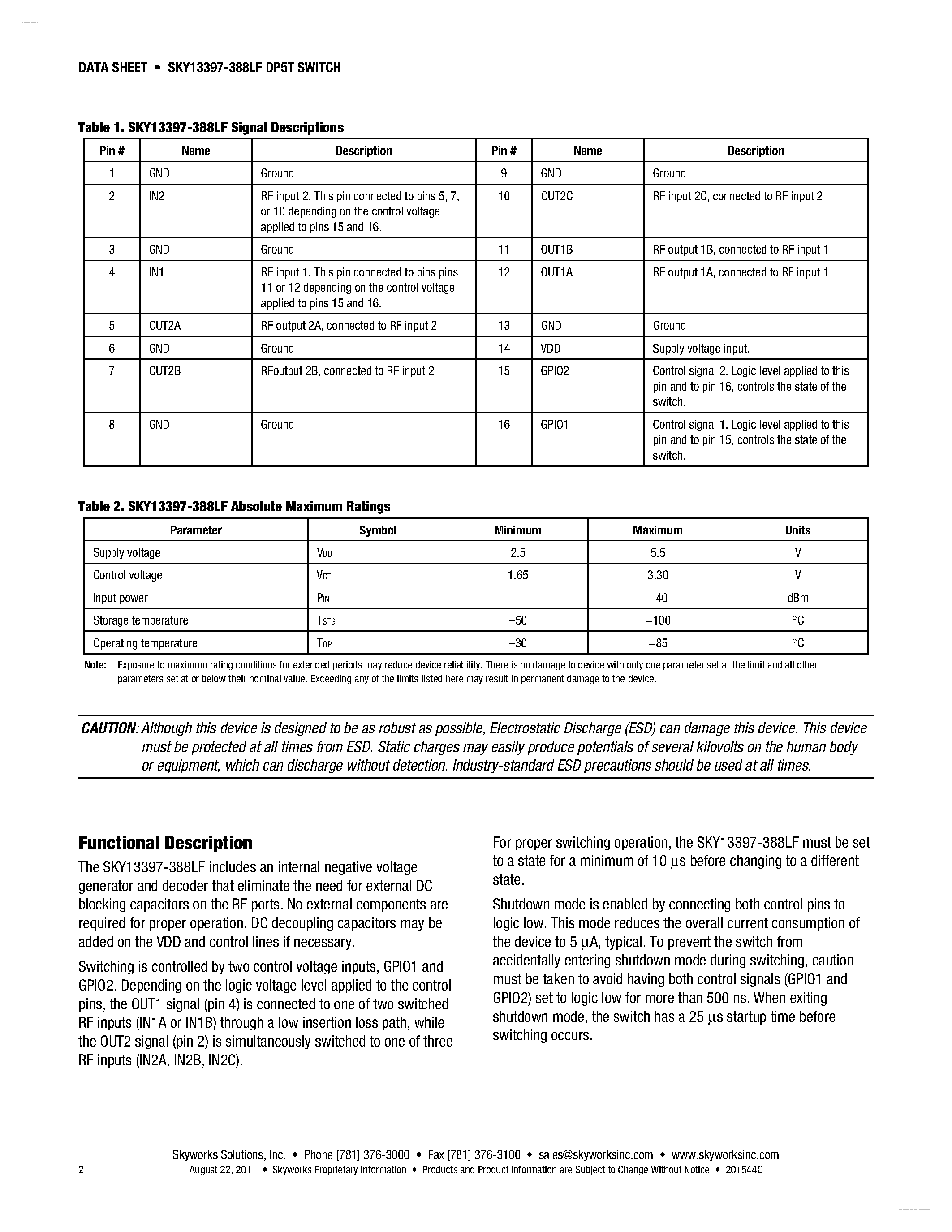 Datasheet SKY13397-388LF page 2 Datasheet SKY13397-388LF - GaAs SP5T Switch page 2