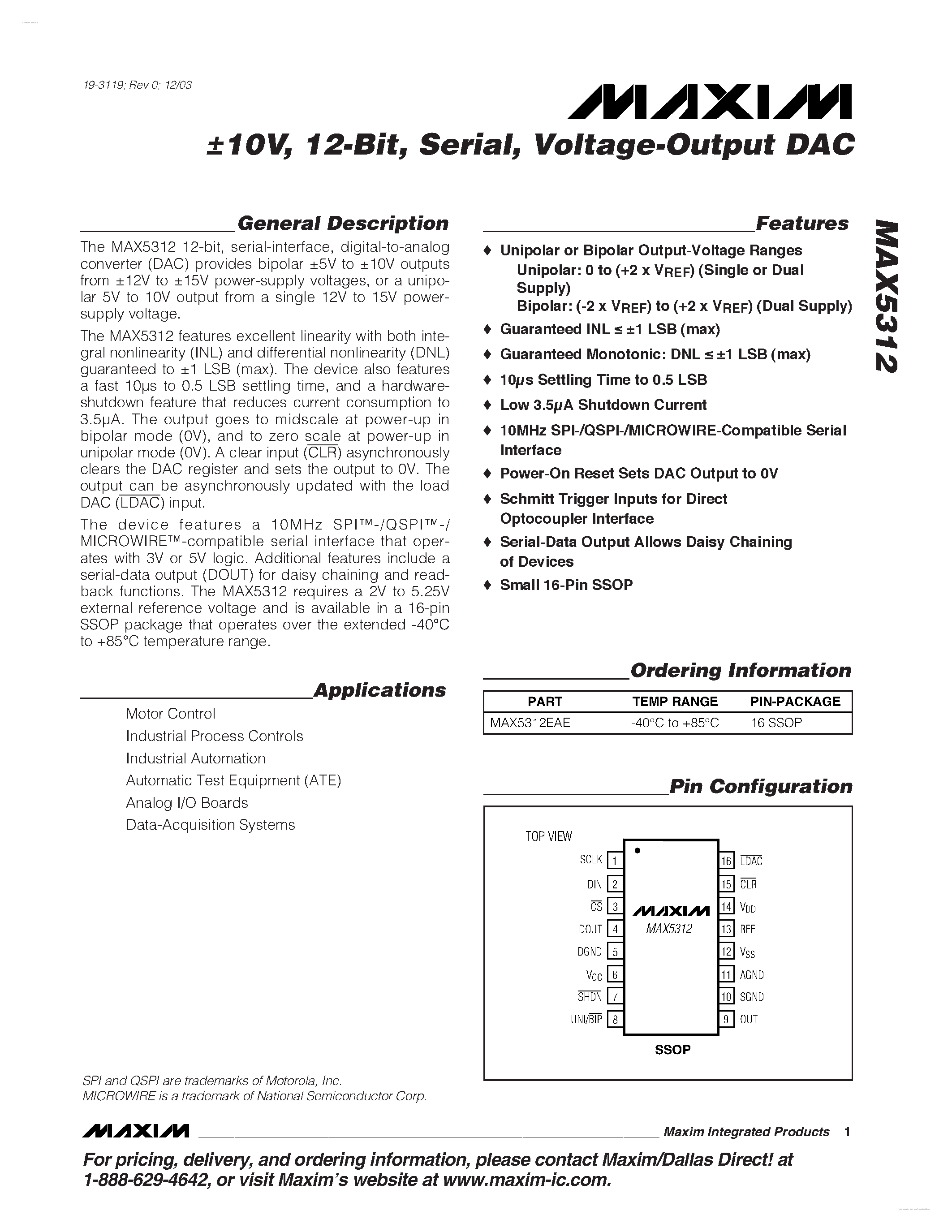 Datasheet MAX5312 - Voltage-Output DAC page 1