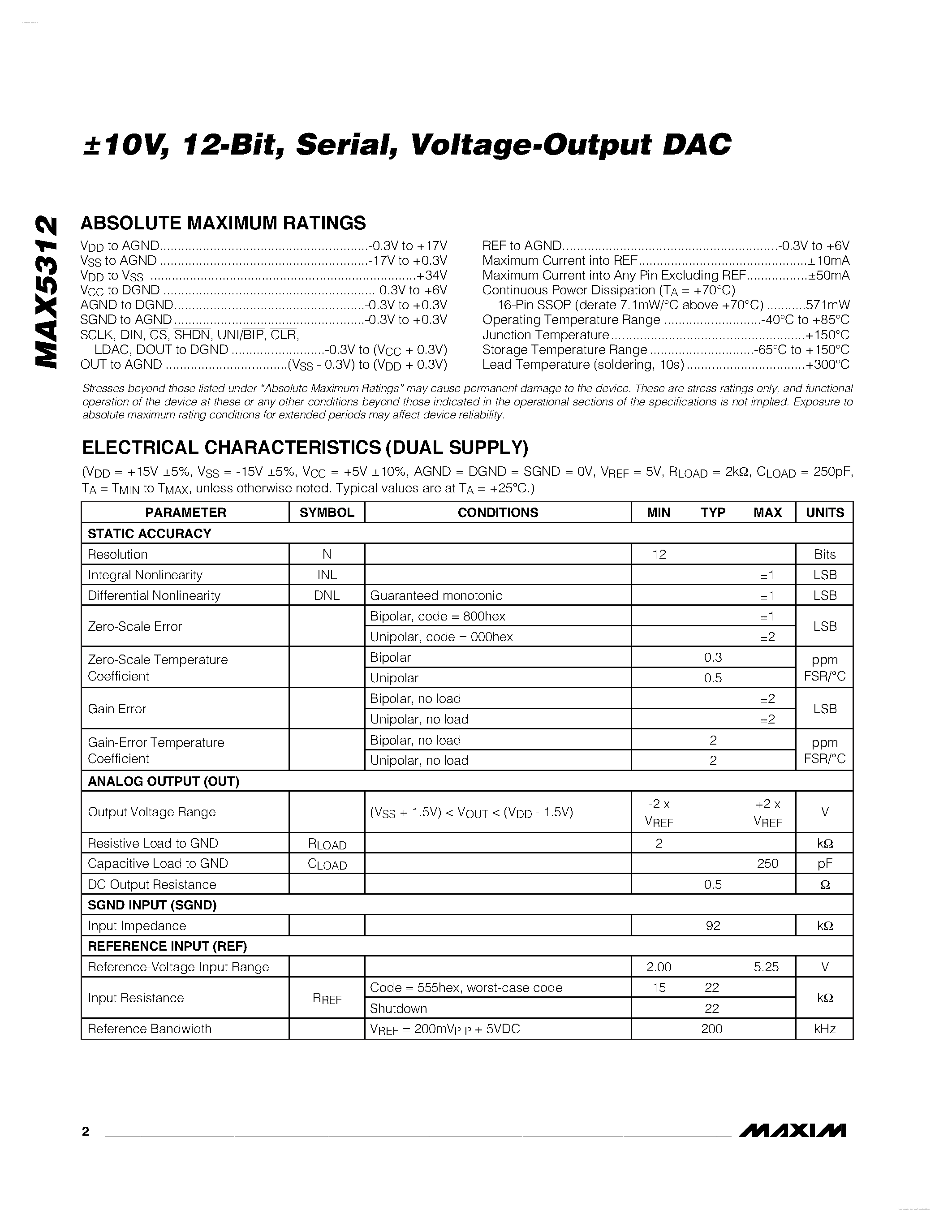 Datasheet MAX5312 - Voltage-Output DAC page 2