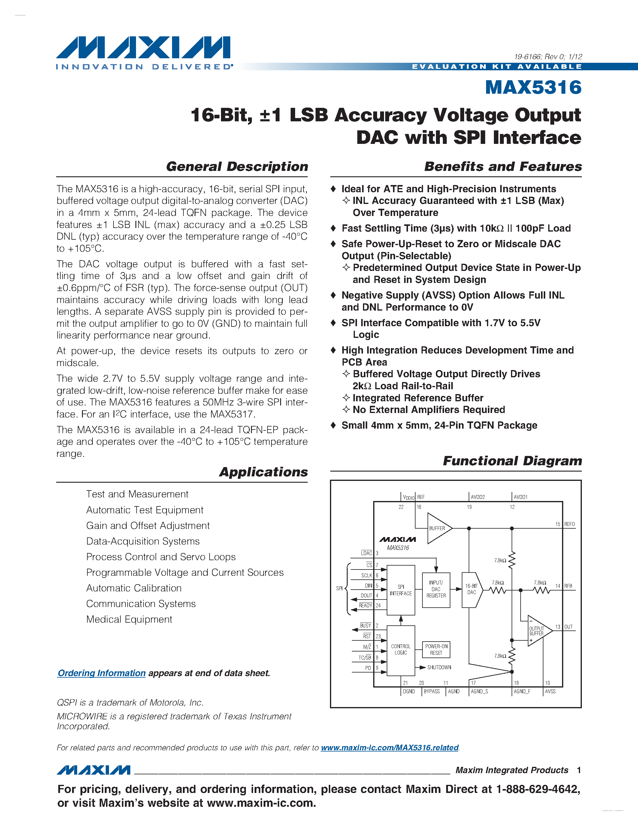 Datasheet MAX5316 - LSB Accuracy Voltage Output DAC page 1