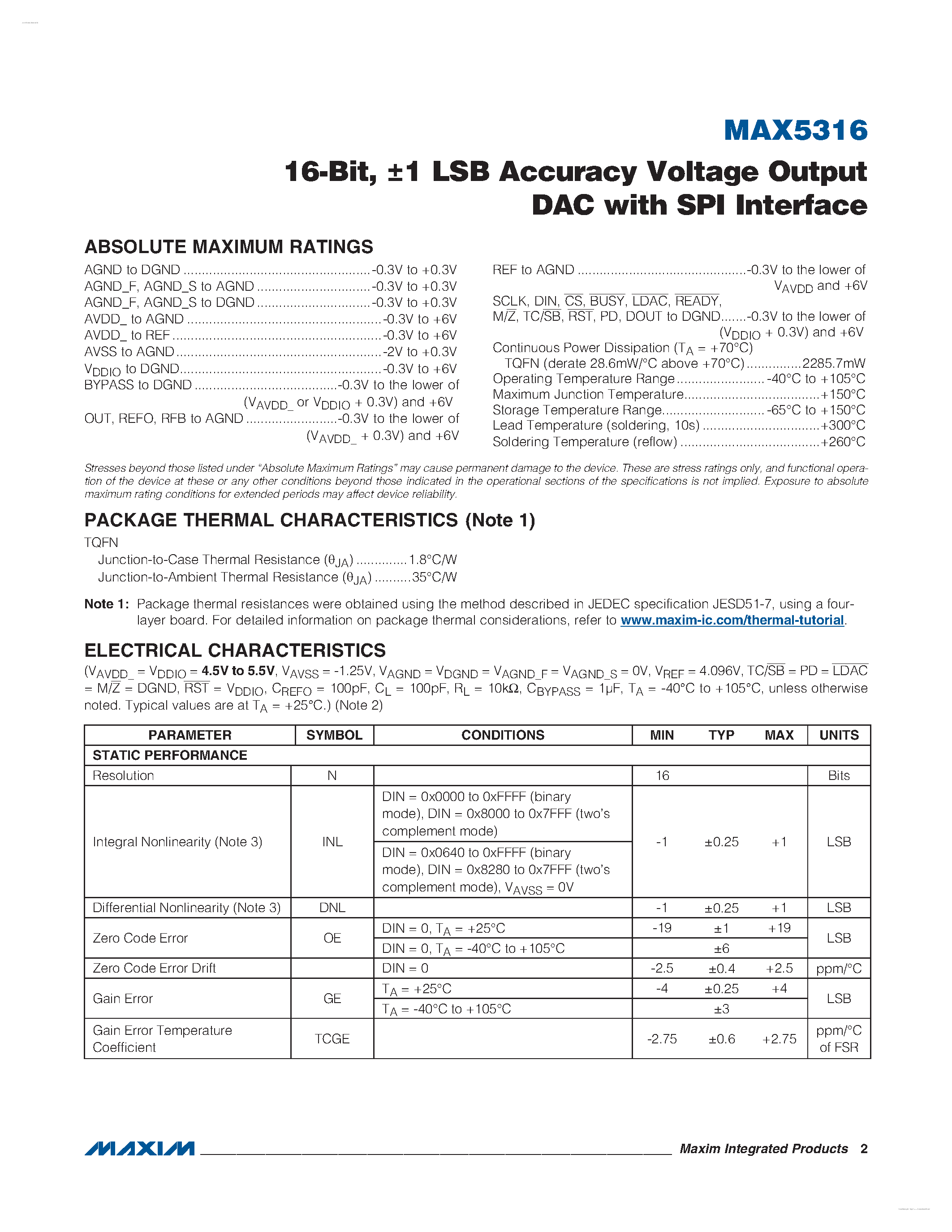 Datasheet MAX5316 - LSB Accuracy Voltage Output DAC page 2