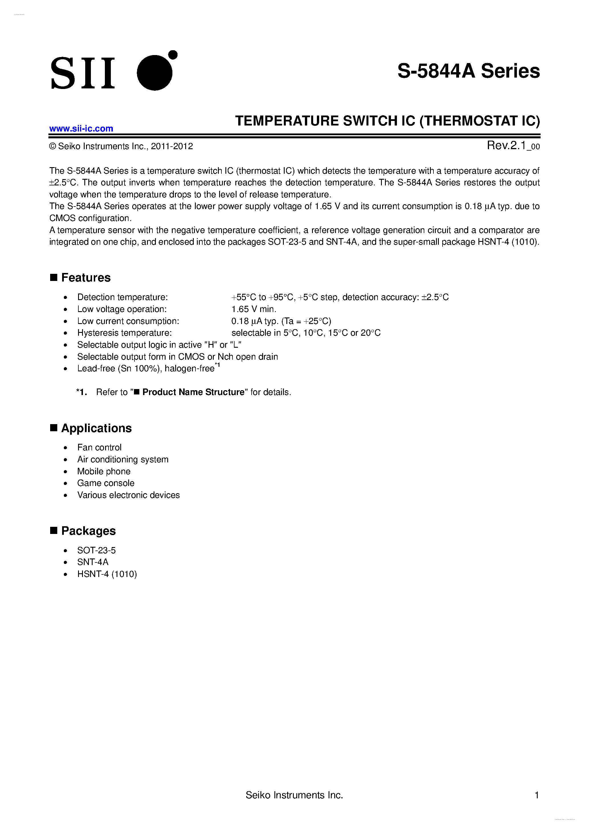 Datasheet S-5844A - TEMPERATURE SWITCH IC page 1
