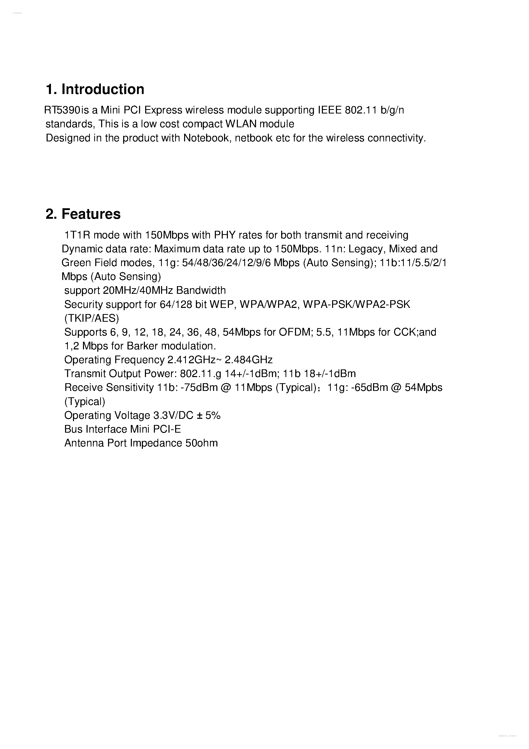 Datasheet RT5390 page 2 Datasheet RT5390 - Compare IEEE 802.11 b/g/n WLAN - Mini PCI-E Product Specifications page 2