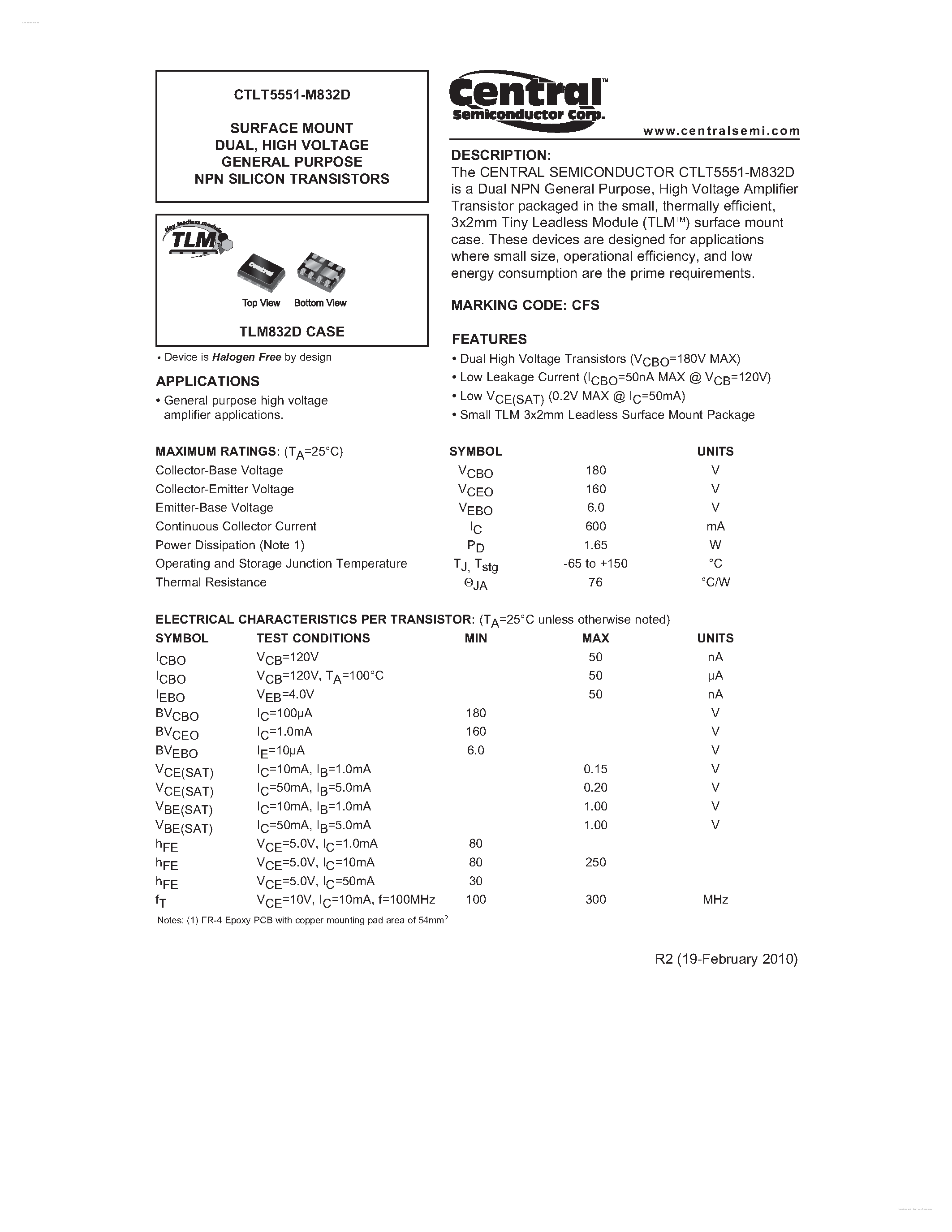 Даташит CTLT5551-M832D - HIGH VOLTAGE GENERAL PURPOSE NPN SILICON TRANSISTORS страница 1