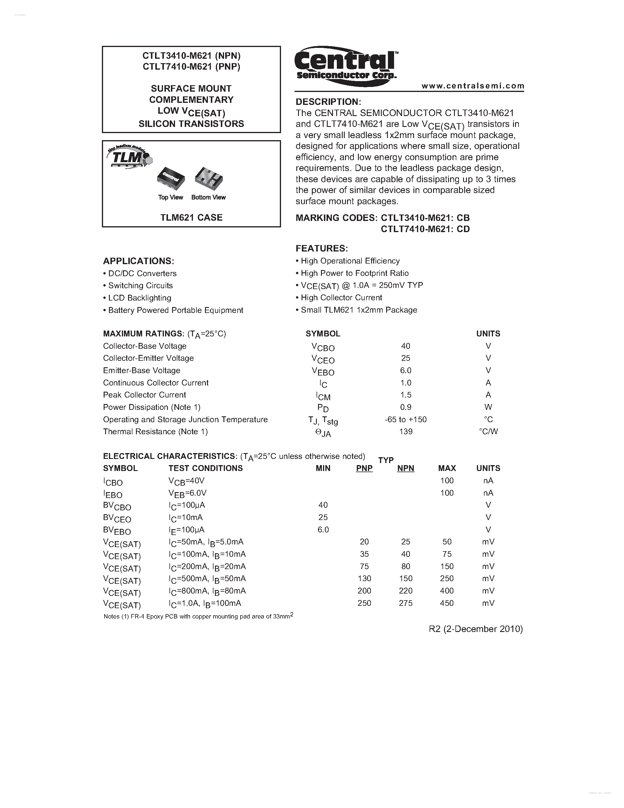 Даташит CTLT3410-M621 - SURFACE MOUNT COMPLEMENTARY LOW VCE(SAT) SILICON TRANSISTORS страница 1
