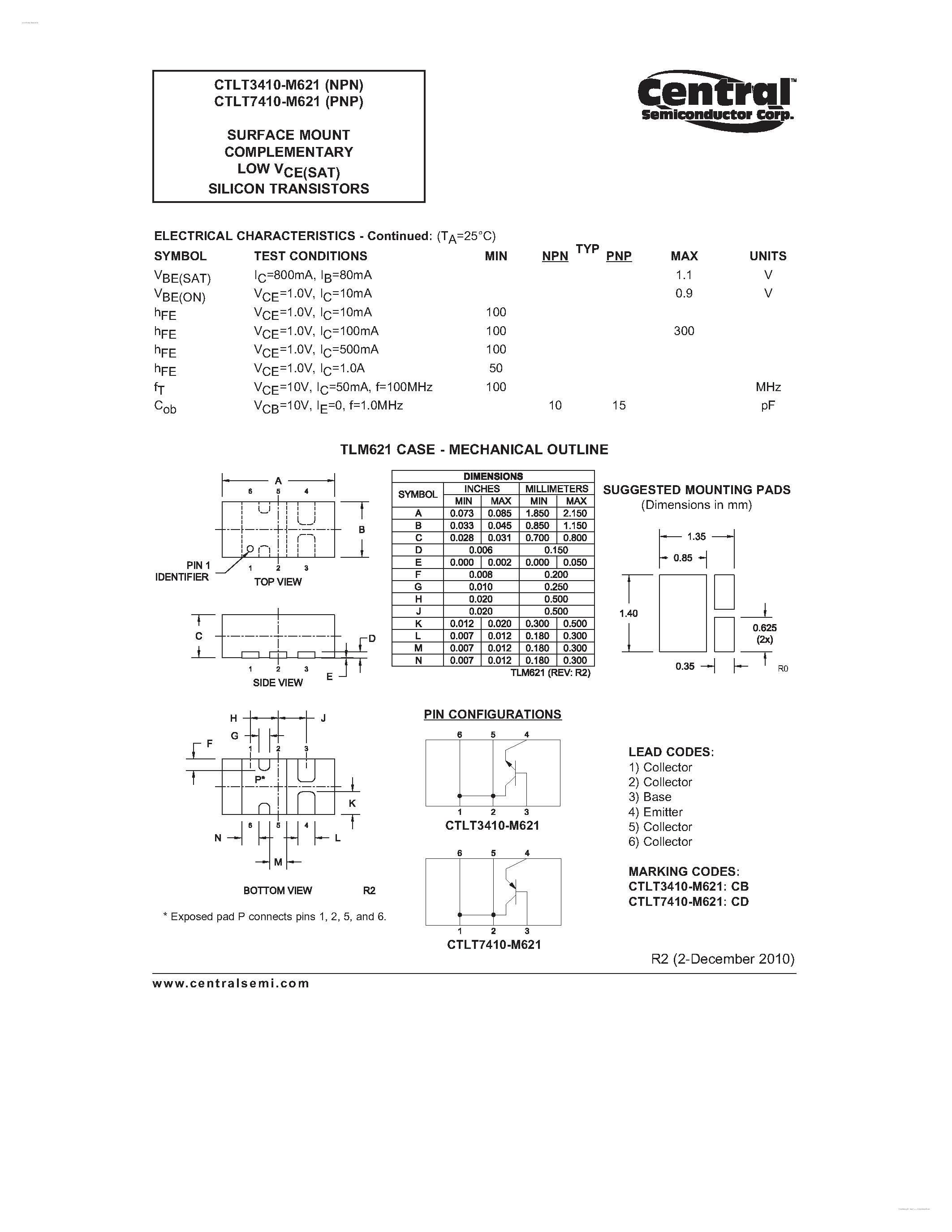Даташит CTLT3410-M621 - SURFACE MOUNT COMPLEMENTARY LOW VCE(SAT) SILICON TRANSISTORS страница 2