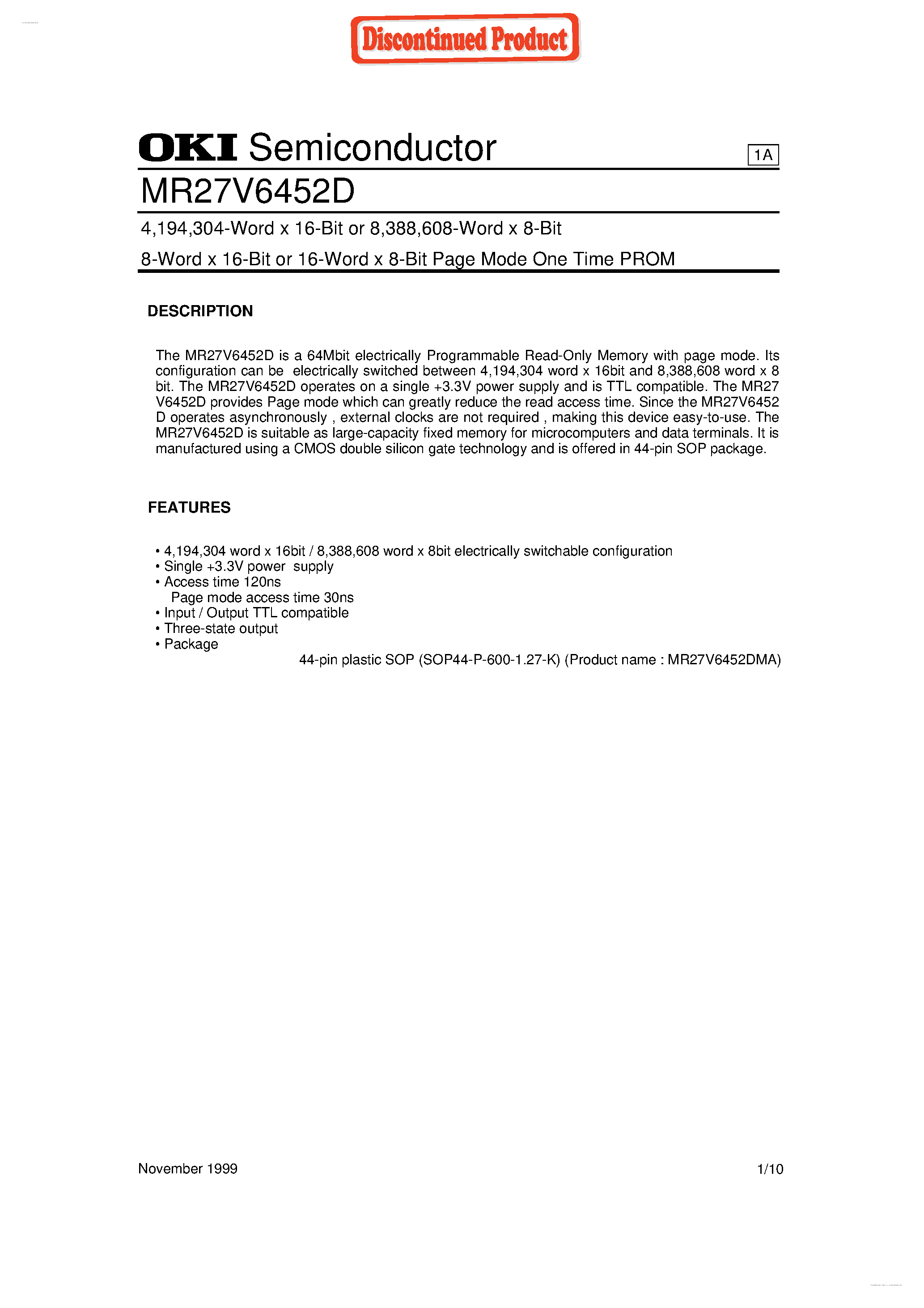 Datasheet MR27V6452D - 8-Word x 16-Bit or 16-Word x 8-Bit Page Mode One Time PROM page 1