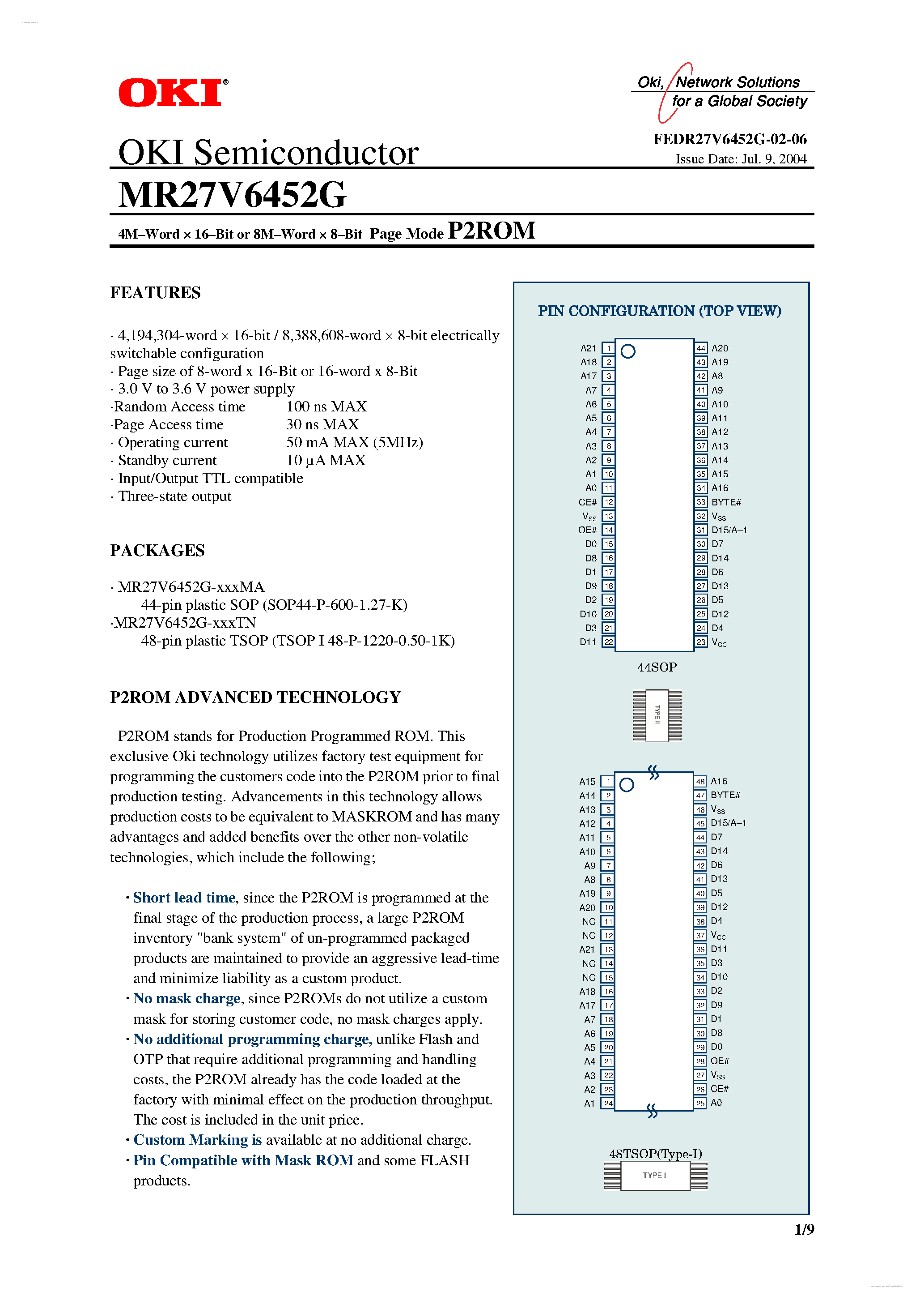 Datasheet MR27V6452G - 4M-Word x 16-Bit or 8M-Word 8-Bit P2ROM page 1