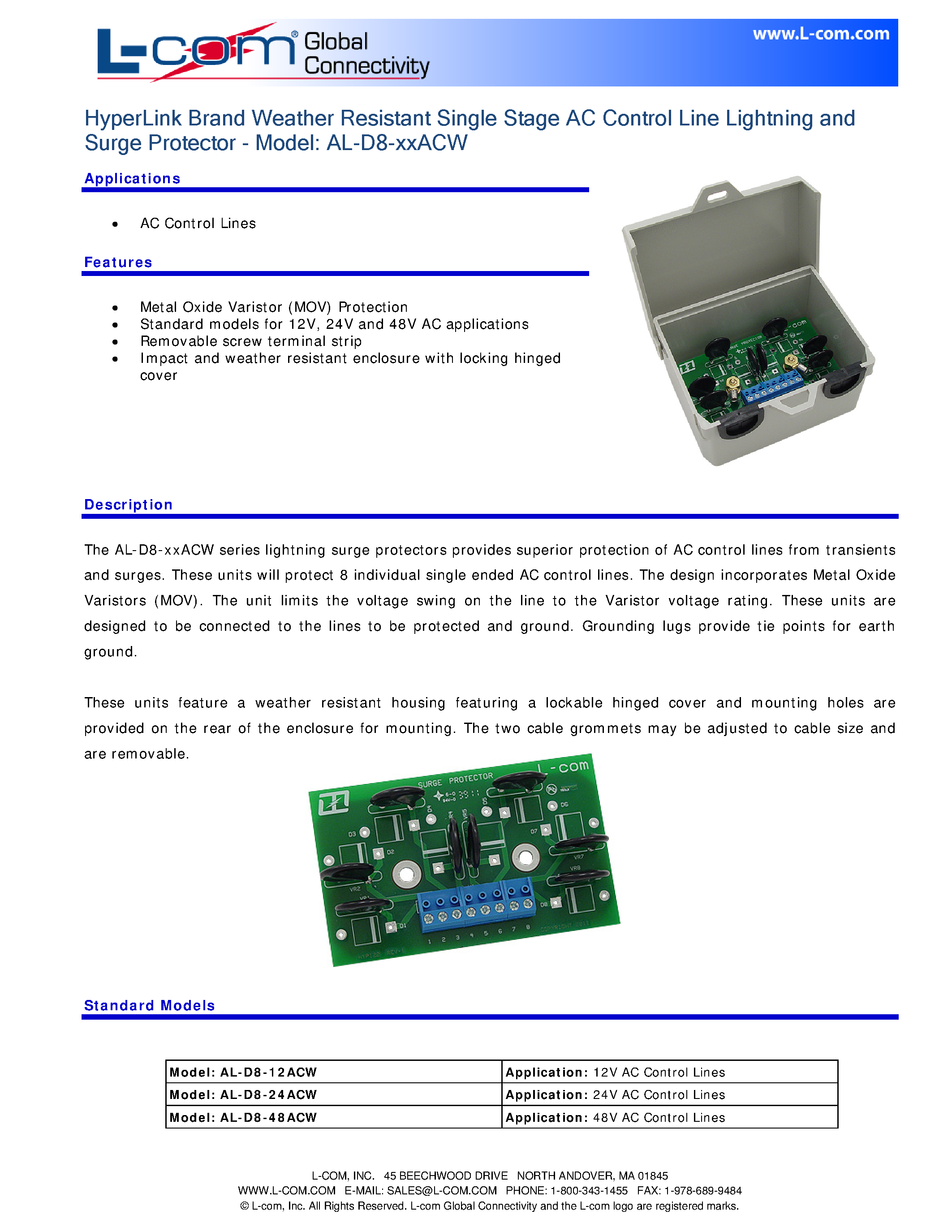Datasheet AL-D8-12ACW - HyperLink Brand Weather Resistant Single Stage AC Control Line Lighting and Surge Protector page 1