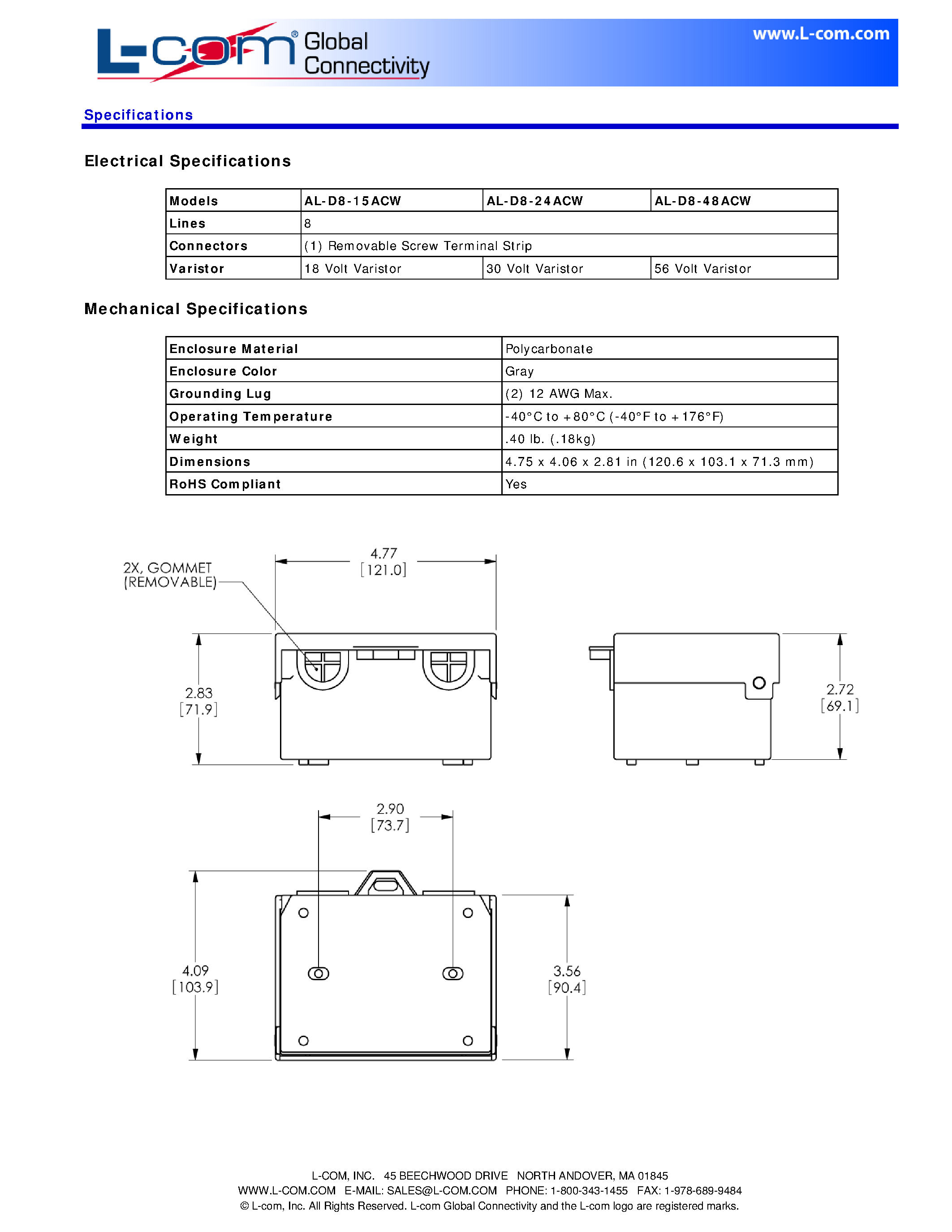 Datasheet AL-D8-12ACW - HyperLink Brand Weather Resistant Single Stage AC Control Line Lighting and Surge Protector page 2