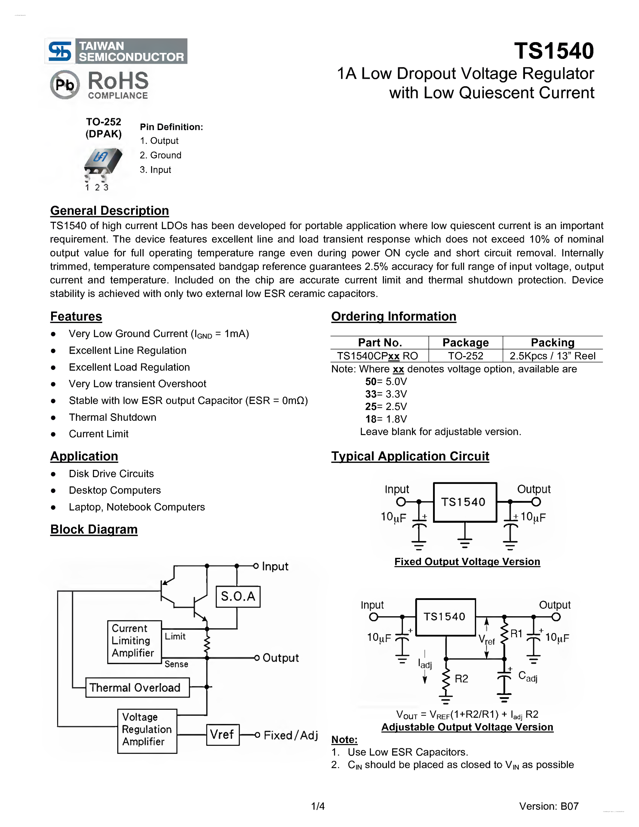 Datasheet TS1540 page 1 Datasheet TS1540 - 1A Low Dropout Voltage Regulator page 1