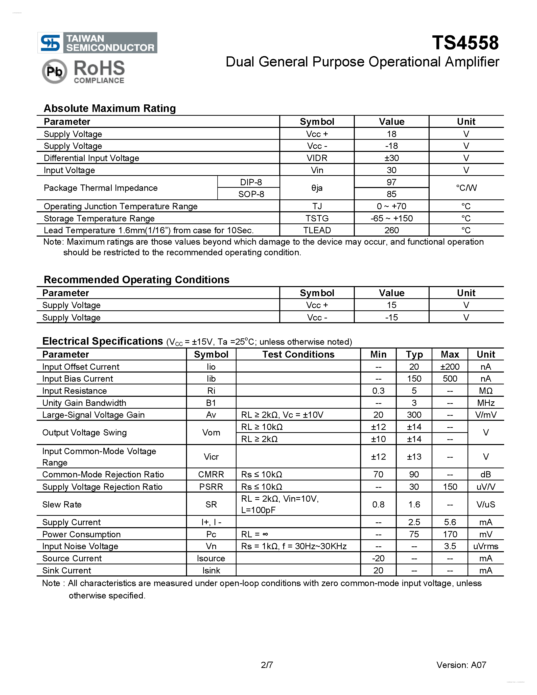 Даташит TS4558 - Dual General Purpose Operational Amplifier страница 2
