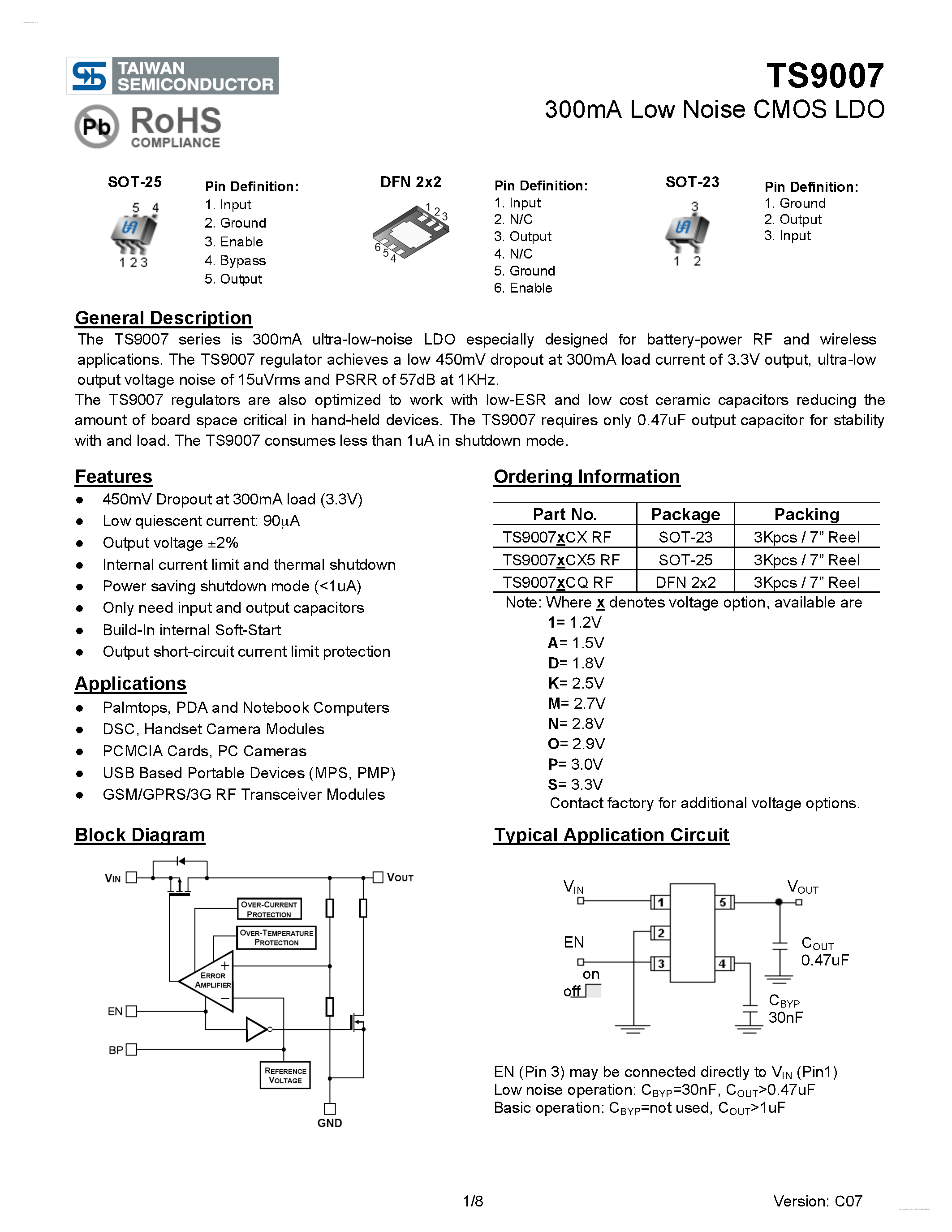 Даташит на микросхему TS9007 страница 1 Даташит TS9007 - 300mA Low Noise CMOS LDO страница 1