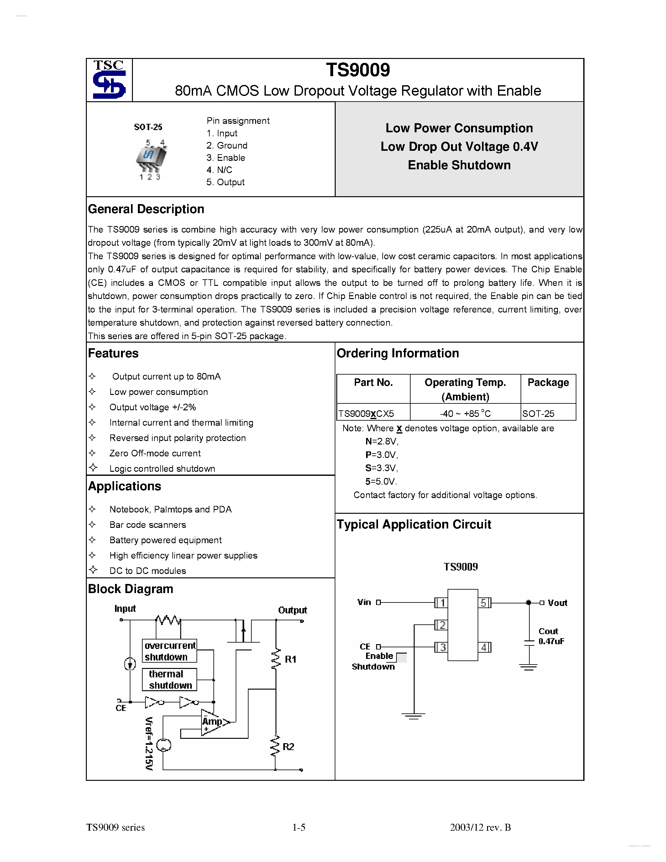 Даташит на микросхему TS9009 страница 1 Даташит TS9009 - 80mA CMOS Low Dropout Voltage Regulator страница 1