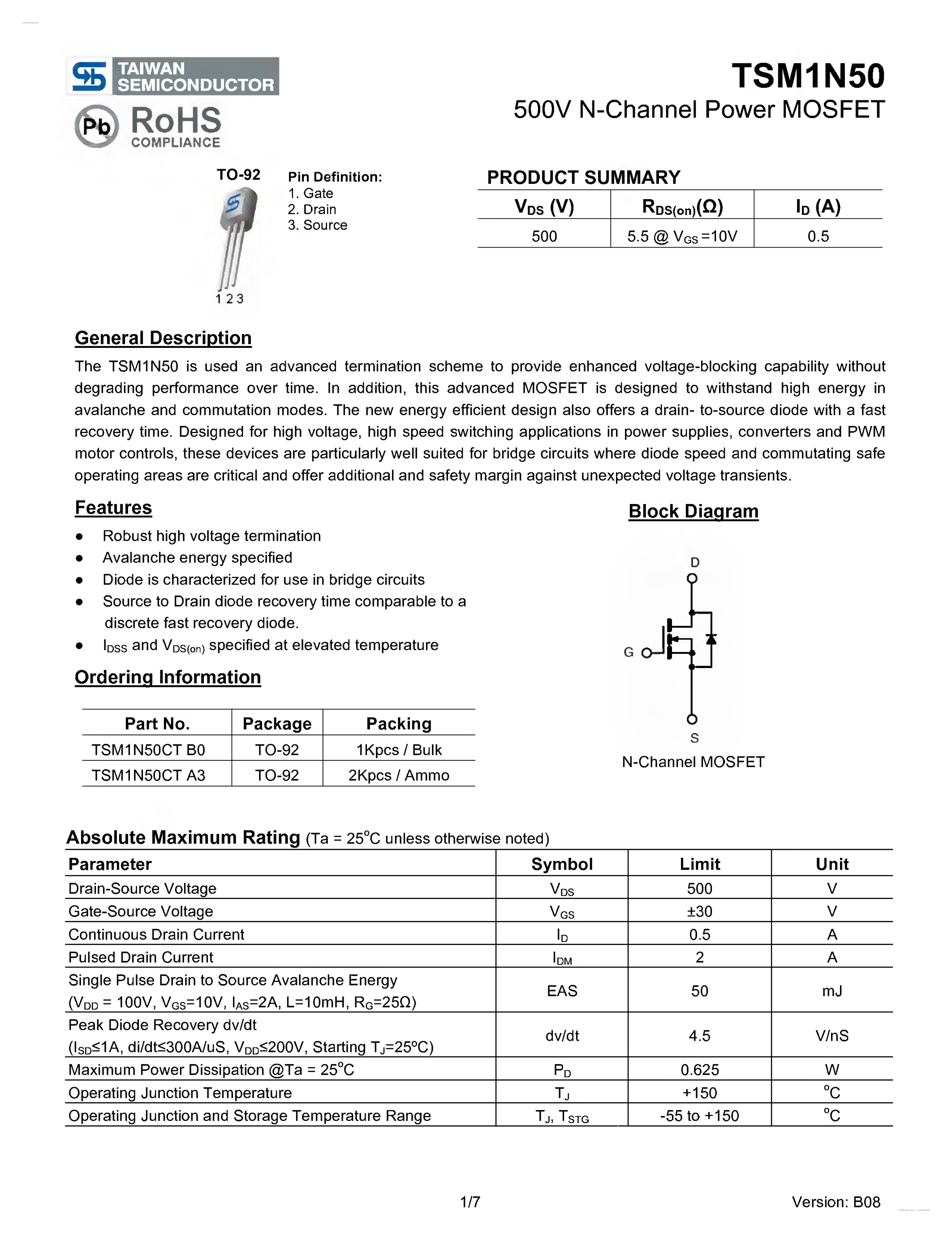 Datasheet TSM1N50 - 500V N-Channel Power MOSFET page 1
