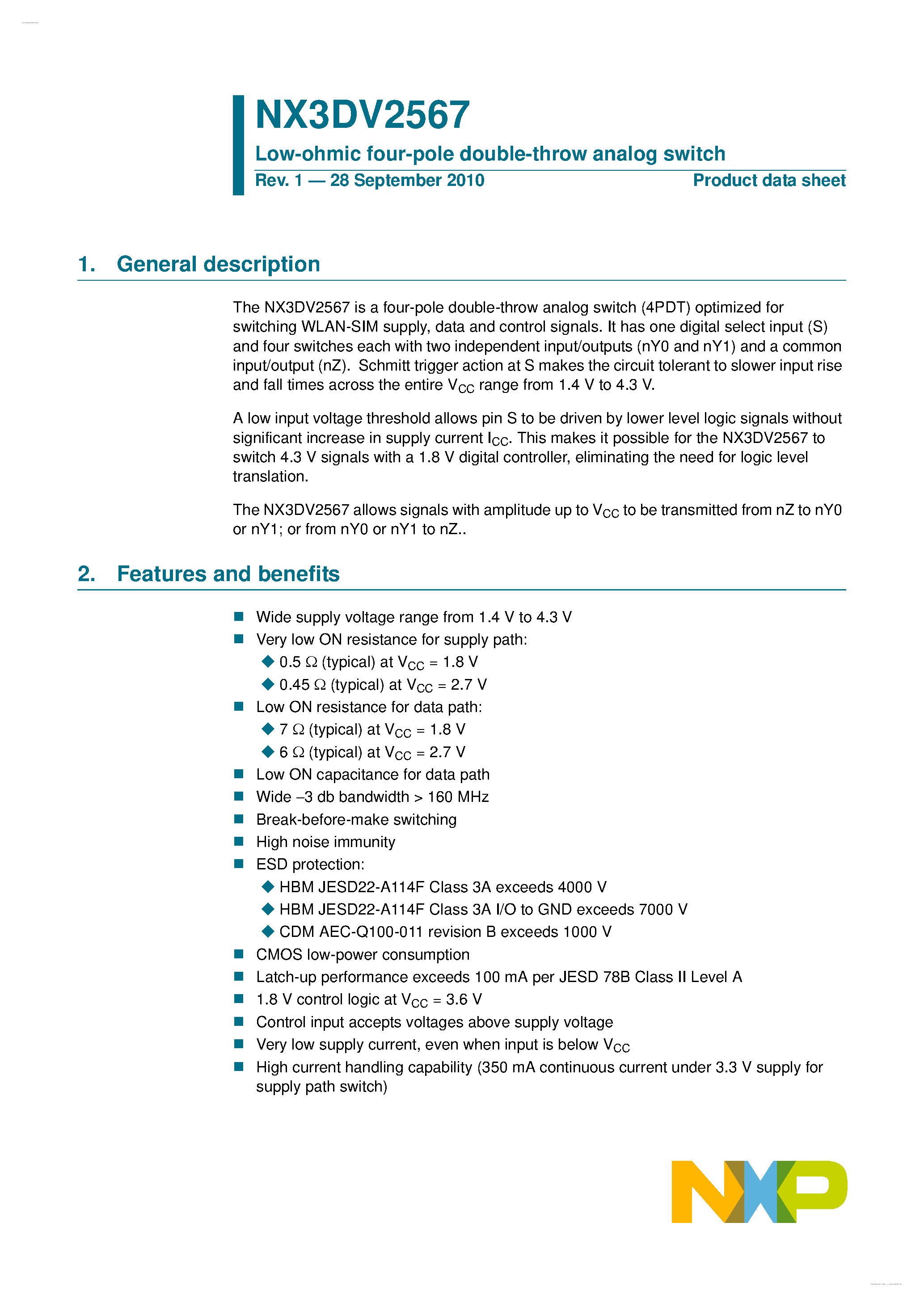 Datasheet NX3DV2567 - Low-ohmic four-pole double-throw analog switch page 1