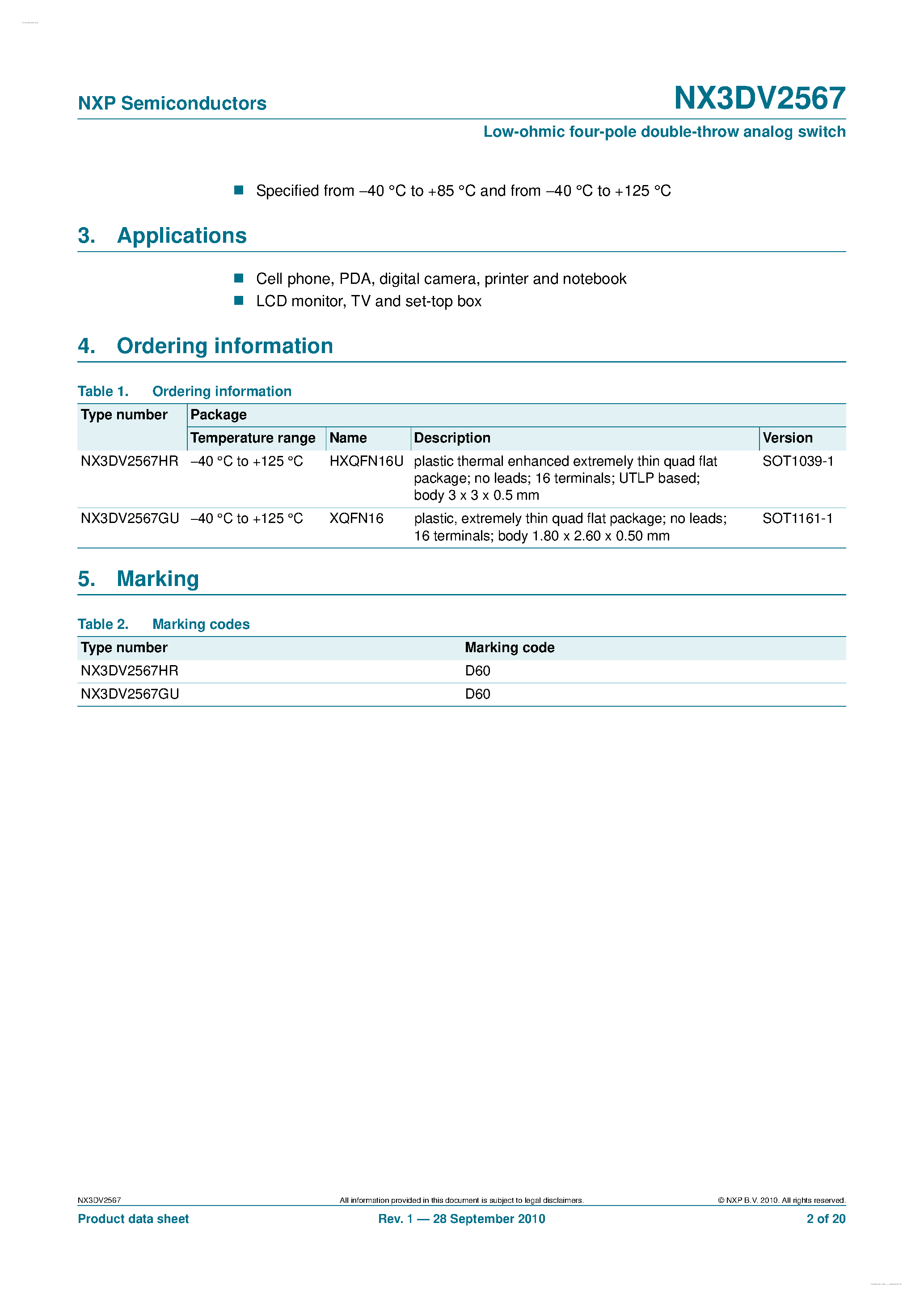 Datasheet NX3DV2567 - Low-ohmic four-pole double-throw analog switch page 2