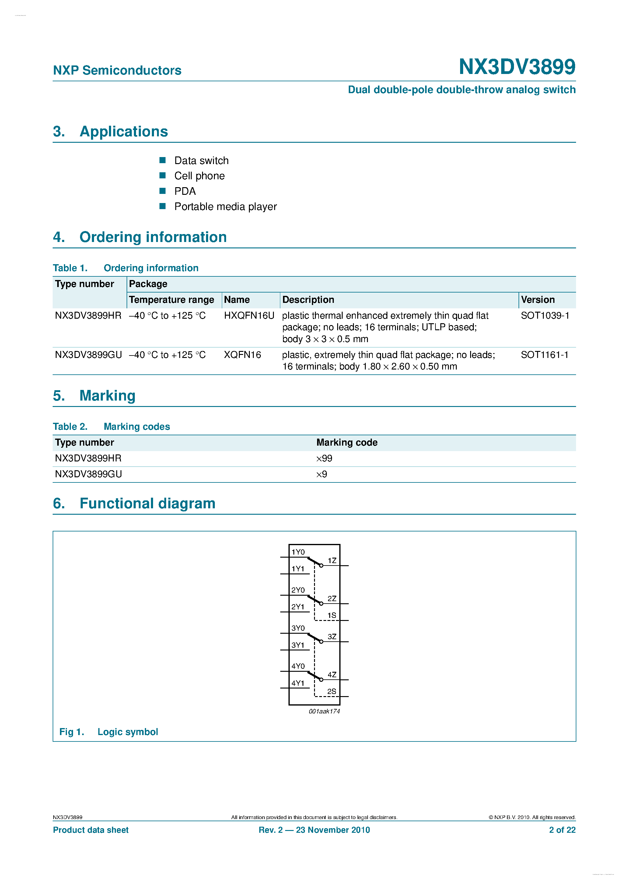 Datasheet NX3DV3899 - Dual double-pole double-throw analog switch page 2
